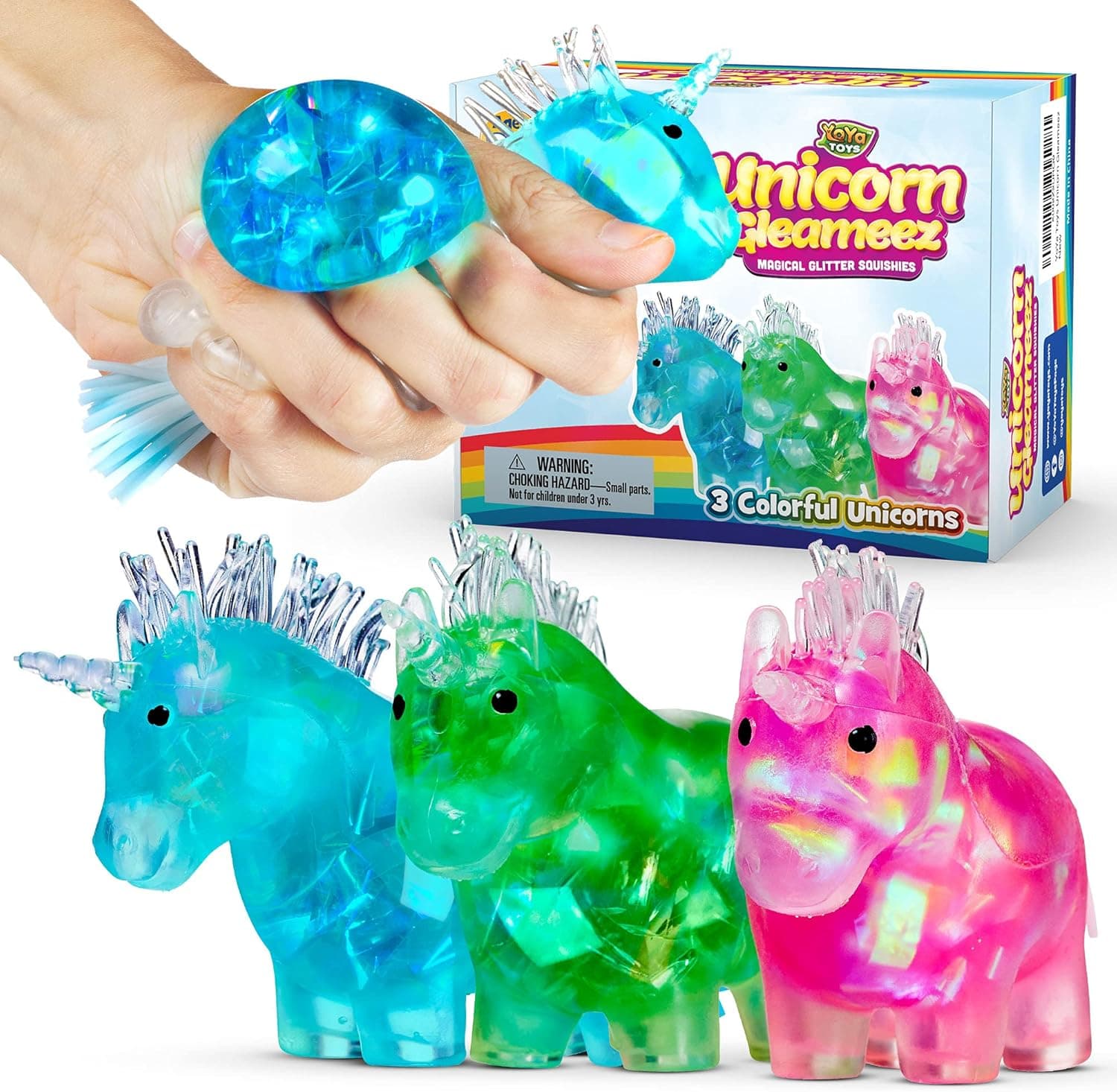 YoYa Toys Gleameez Unicorn Stress Ball Fidget Toy | Glittery Sparkling Squeeze Toy For Anxiety Relief, Stress, Anger Management, Occupational Therapy | Colorful Squishy Ball For Kids & Adults | 3 Pack