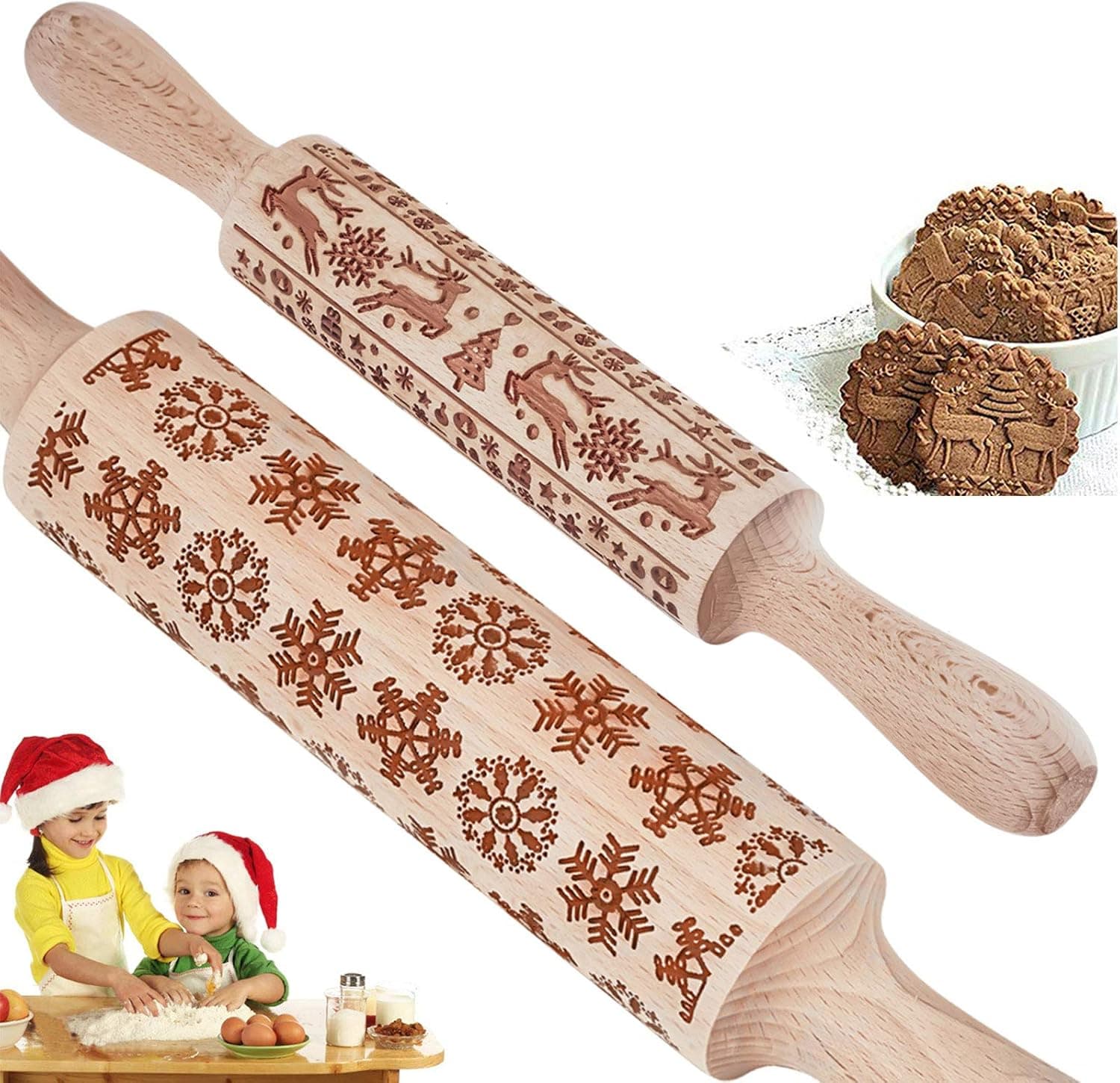 Embossed Rolling Pins Set, 2pcs Different Patterns Christmas Wooden Rolling Pins DIY Tool for Homemade or Christmas Cookies Pies(14 Inch)