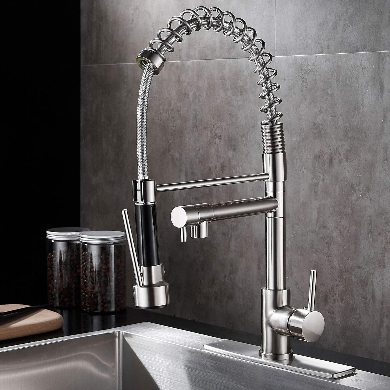 RODDEX Kitchen Sink Faucet Commercial Single Handle Stainless Steel Pot Filler Pull Out Kitchen Faucet, Pull Down Spring Sprayer, 3 Hole Deck Plate/Escutcheon Base, Brushed Nickel