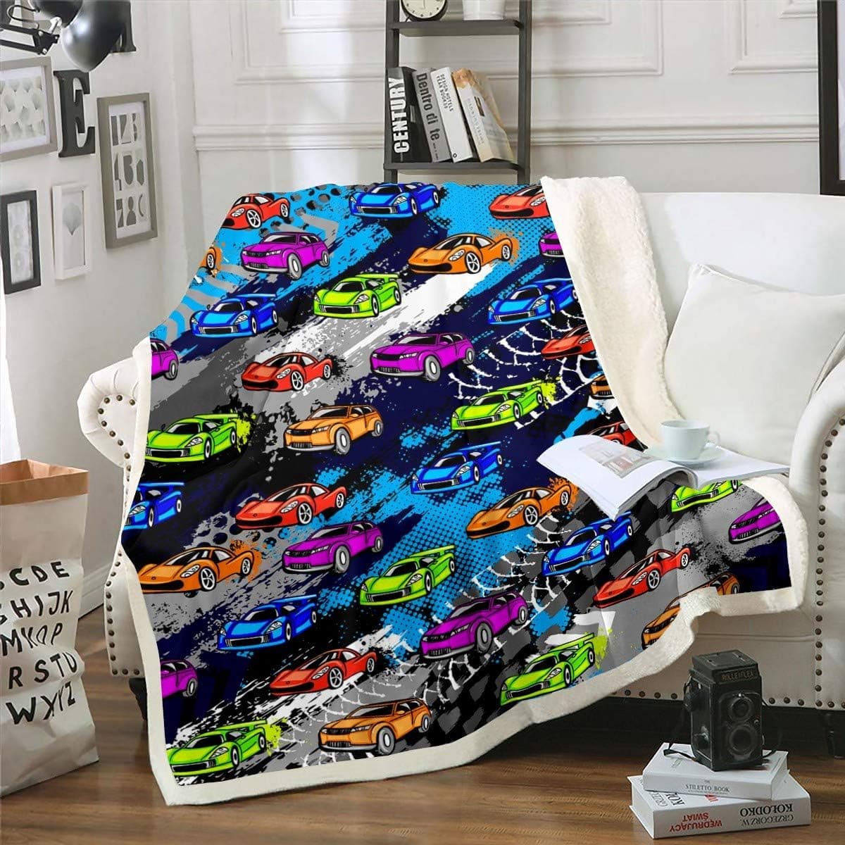 Kids Race Car Sherpa Blanket Cartoon Speed Sports Car Fleece Throw Blanket for Boys Girls Extreme Sports Theme Plush Blanket Cool Tie Dye Decor Fuzzy Blanket for Sofa Bed Couch,Throw 50x60 Inches