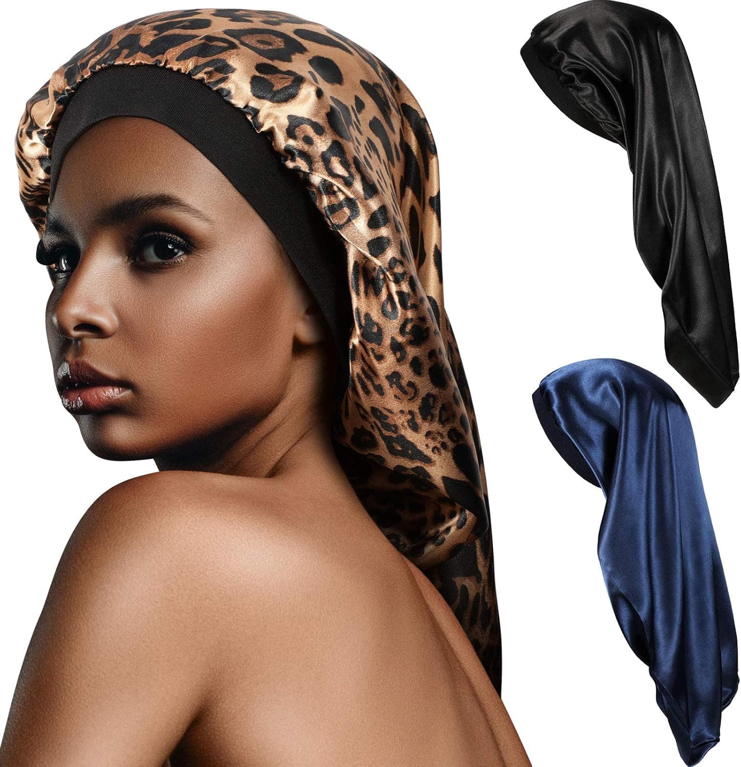 3 Pieces Satin Sleep Cap for Long Braids Hair, Silk Long Satin Bonnet Sleep Cap, Soft Elastic Band Loose Cap Bonnets for Women Dreadlocks, Braid Long Hair, Curly Hair (Dark Leopard Pattern)