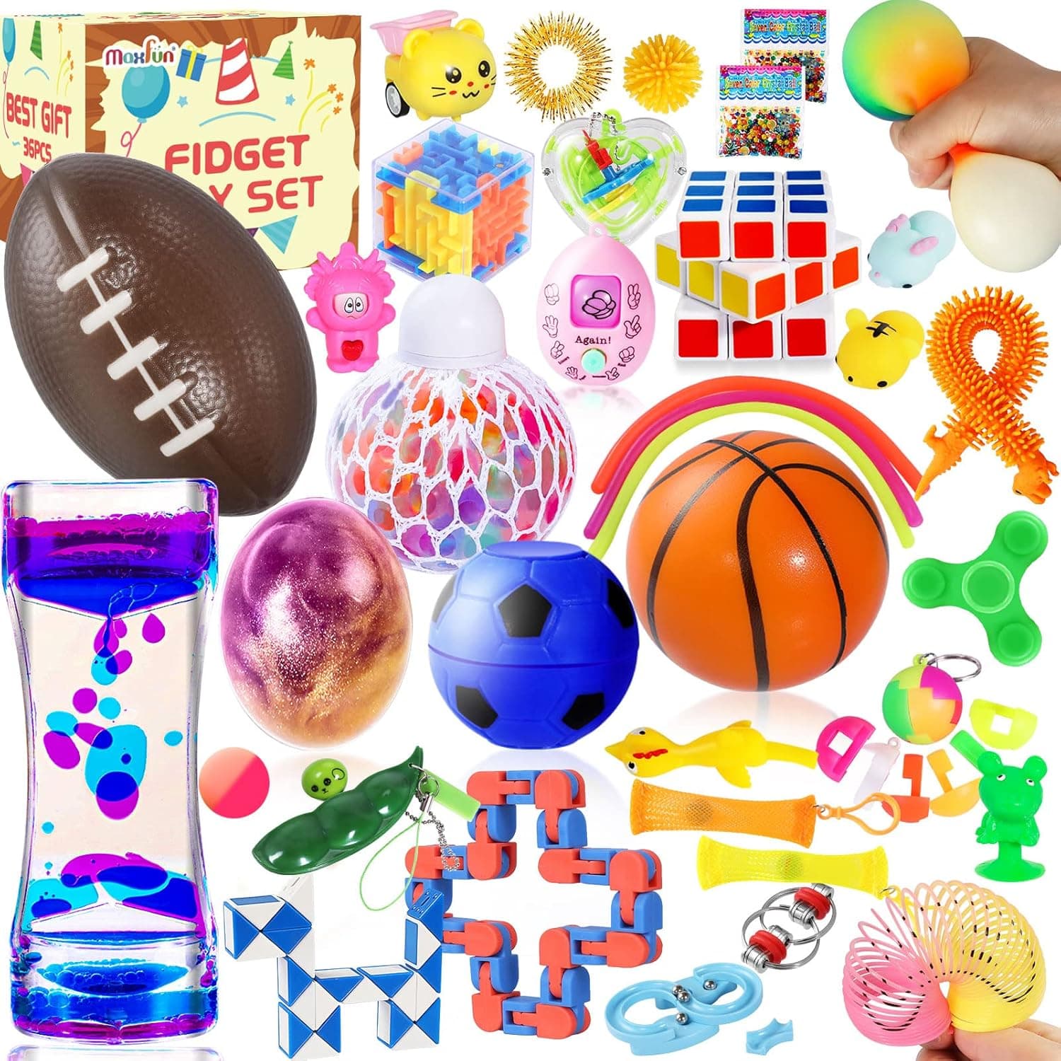 Max Fun Sensory Fidget Toys Pack Bulk, 36 Pack Stress Balls Anxiety Relief Tools Toys for Kids Adult Children, Autistic ADHD Fidgets Box, Infinity Cube Squeeze Ball