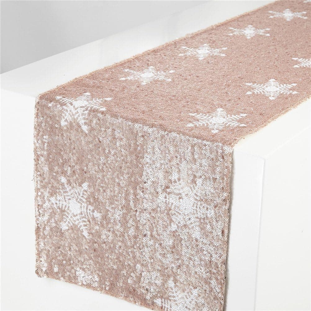 TRLYC Champagne Christmas Holiday Sequin Table Runner with Sequin Snowflakes-12x60-Inch