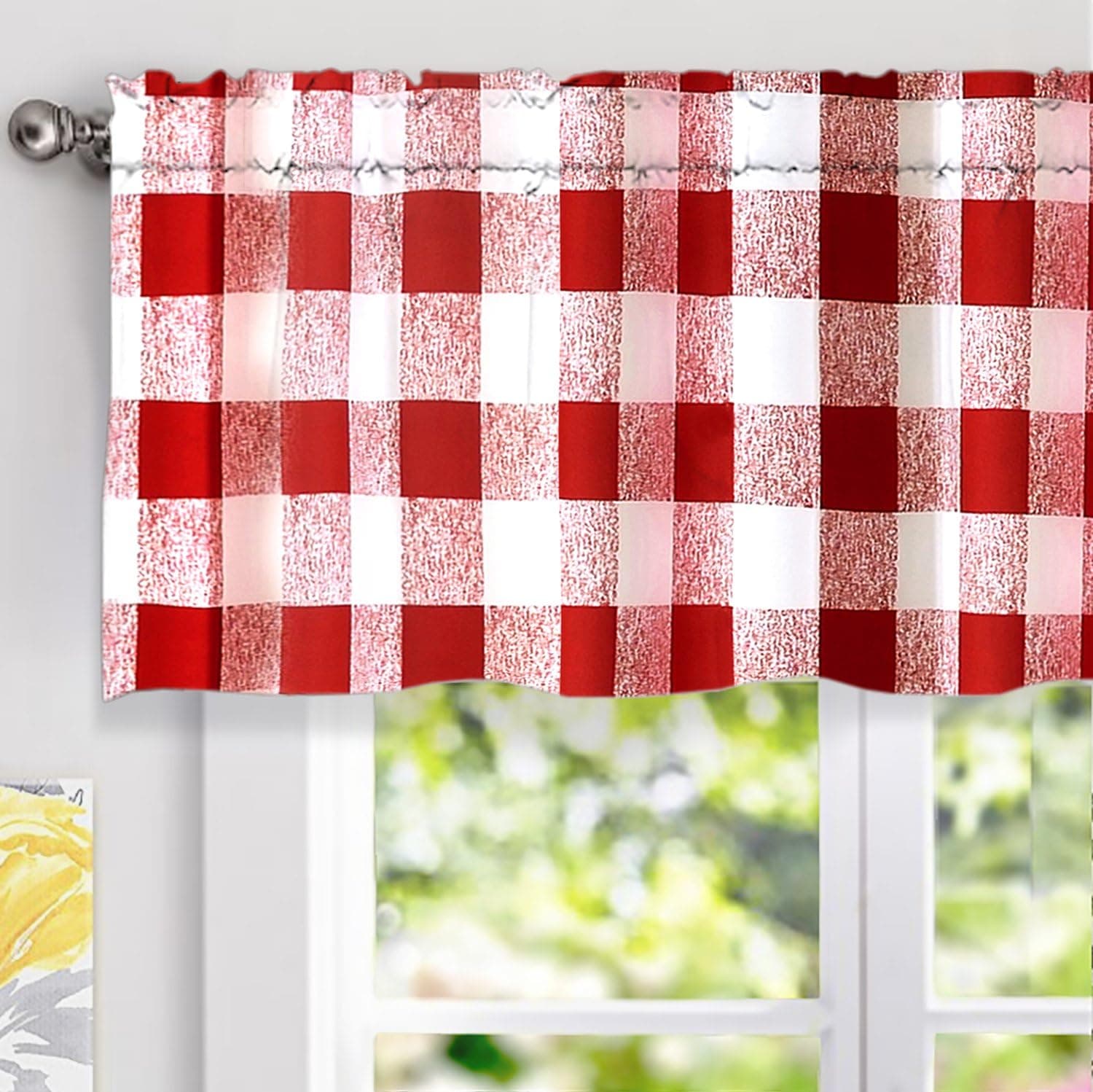 DriftAway Buffalo Checker Pattern Window Treatment Valance Printed Plaid Rod Pocket 52 Inch by 18 Inch Plus 2 Inch Header Red