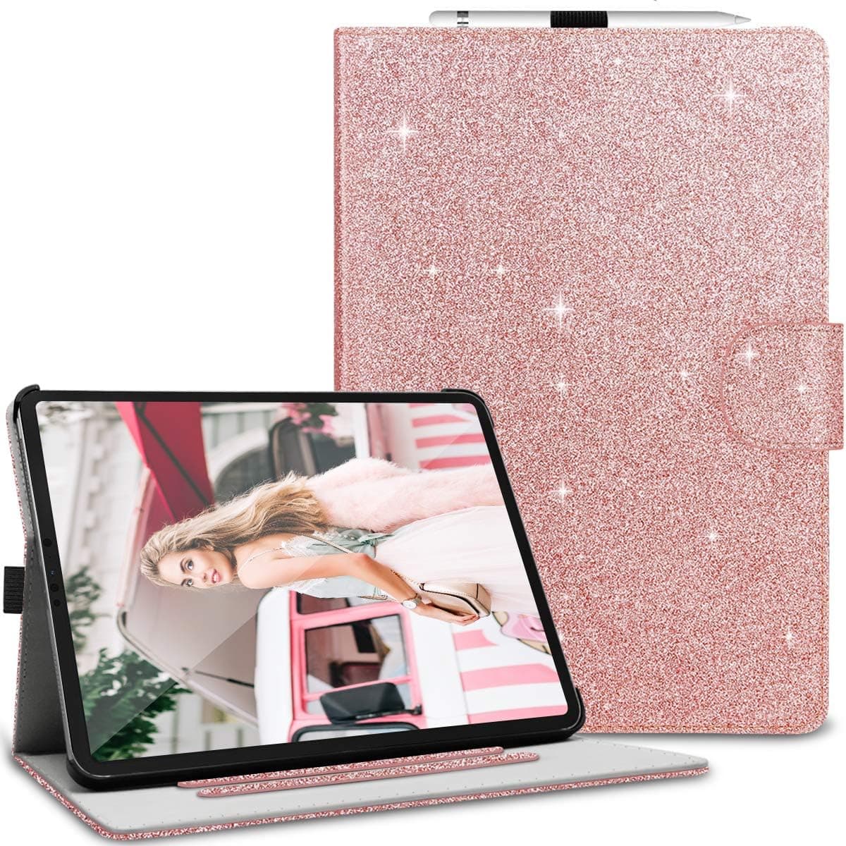 Fingic iPad Pro 11 Inch Case 2022/2021 / 2020/2018, iPad Air Case 5th/4th Generation 10.9 Inch (2022/2020) Slim Glitter PU Leather Hard PC Stand Smart Cover for iPad Pro 11 Inch, Rose Gold