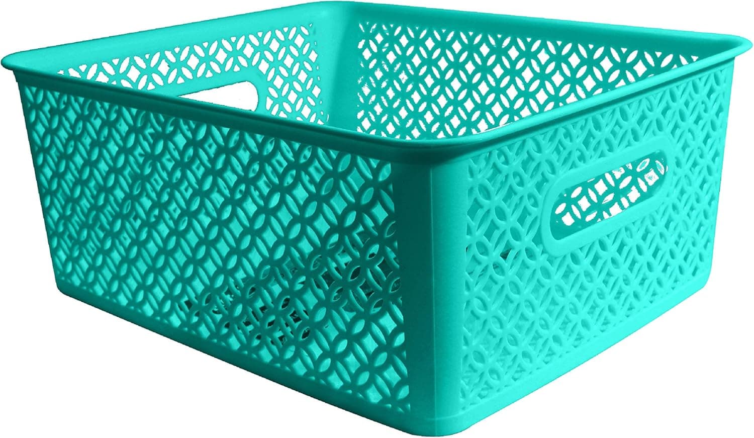 Stor-All Solutions Strong Plastic Woven Shelf Storage Organization Basket with Handles, 14" L x 11.6" W x 5.3" H, Teal