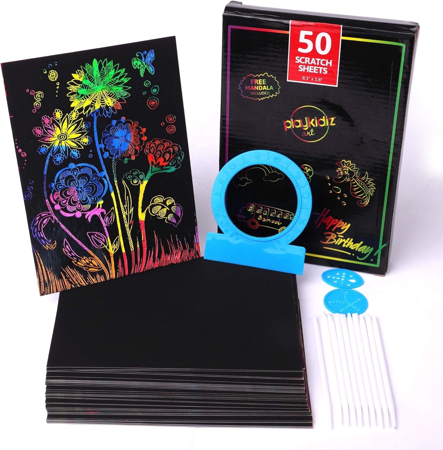 Playkidiz Scratch Paper Art Box, 50 Rainbow Scratch Off Notes 8.3" x 5.8", Magic Scratch Art, Includes 3 Mandalas for Fun Designs & 10 Stylus Pens