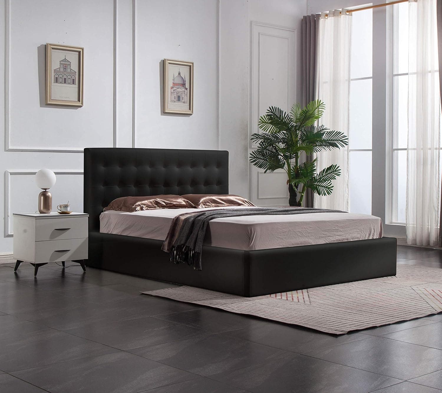 Greatime Storage Bed, Eastern King Size Bed, Black Leatherette Contemporary Bed, Modern Tufted Headboard, Strong Wood Slats Support Platform Bed