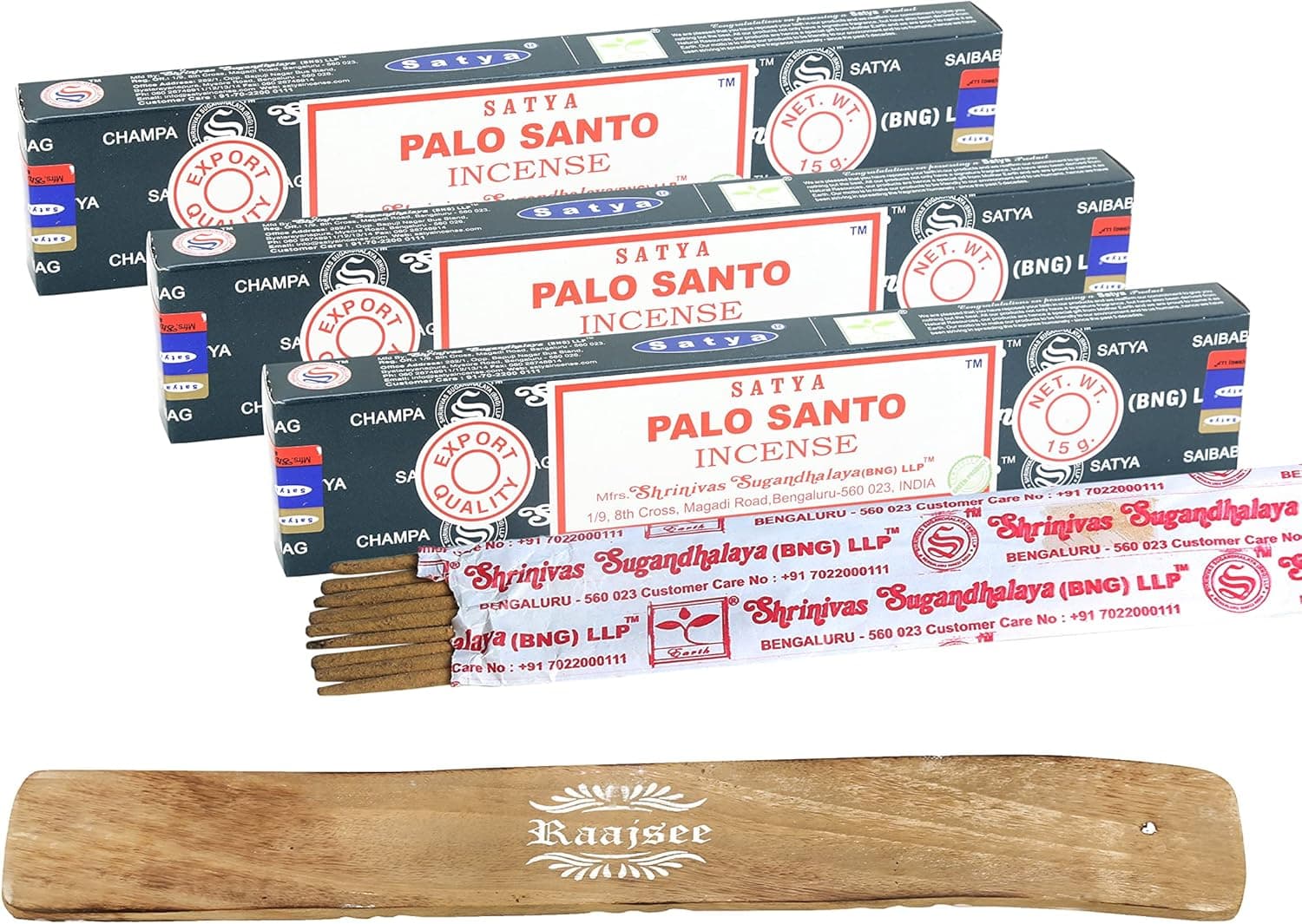 Satya Nag Champa Palo Santo Incense Sticks, Satya Bng (Bangalore) Insenses 15gmx3 Pack (45 GMS) with Raajsee Incense Holder Bundle , Satya Nag Champa Natural Incense