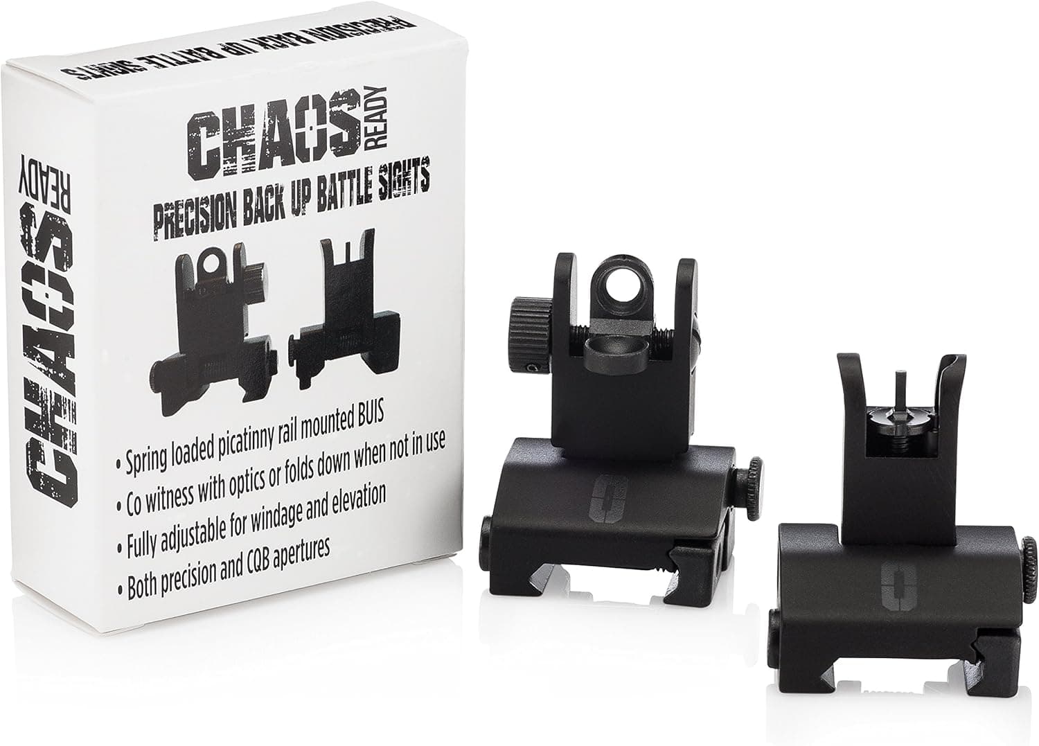 Chaos Ready | Flip Up Iron Sights - Spring Loaded Low Profile Back up Ironsights | Designed for Picatinny 1913 Pattern Rails | Co-Witness Front and Rear BUIS Combo Set |