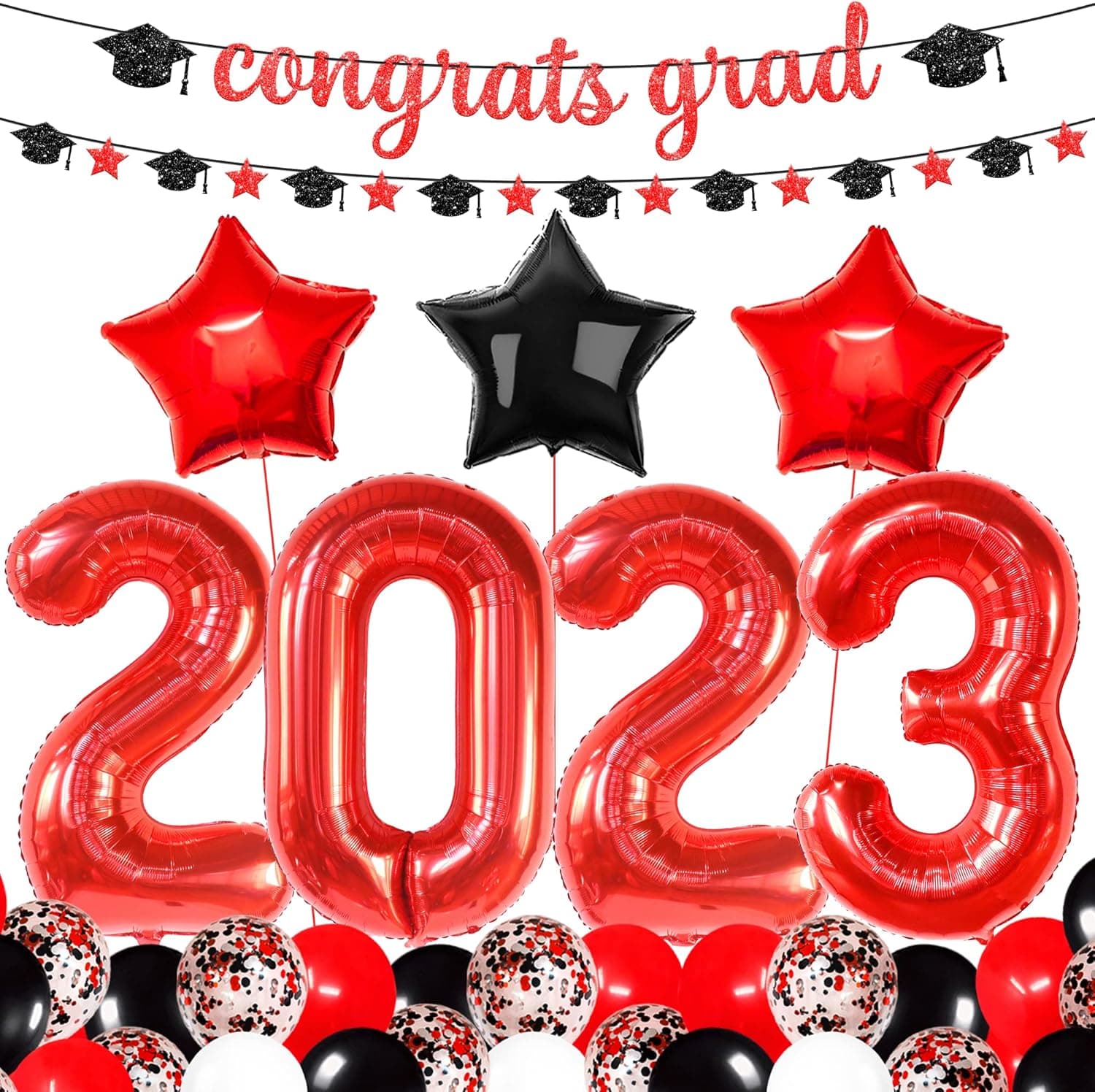 KatchOn, Red and Black Graduation Decorations 2023 Set - 40 Inch, Pack Of 42 | Red 2023 Balloons, Congrats Grad Banner for Red Graduation Party Decorations 2023 | Graduation Decorations Class of 2023
