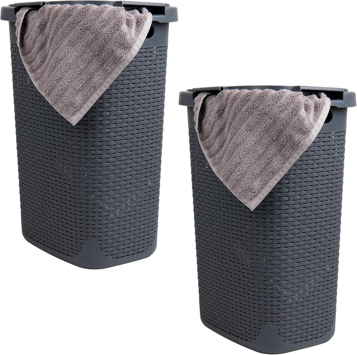 Mind Reader Basket Collection, Slim Laundry Hamper, 60 Liter (15g/33lbs) Capacity, Cut Out Handles, Attached Hinged Lid, Ventilated, Set of 2, Gray