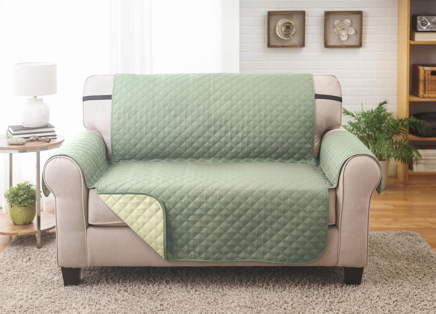 Couch Guard Loveseat Cover, Sofa Slipcover, Furniture Protector. Shield & Protects from Dogs, Cats, Pets, Kids, Stains. Reversible, Quilted with Elastic Strap. Easy Wash & Dry. Olive & Sage