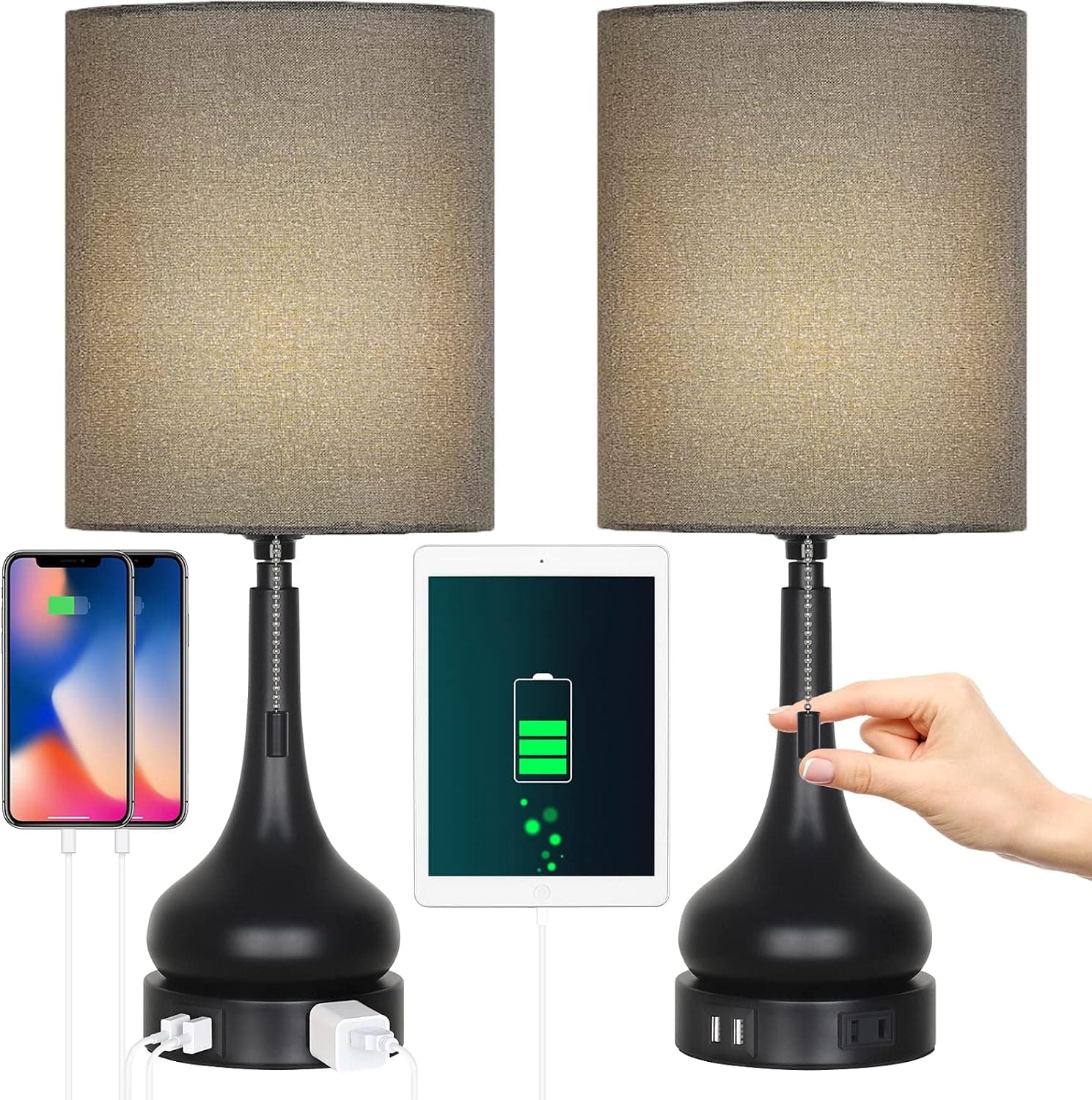 Vrisa Small Nightstand Lamps Set of 2 Bedside Lamps with USB Port and Gray Linen Lampshade Decorative Nightstand Light Modern USB Table Lamps for Living Room Bedroom