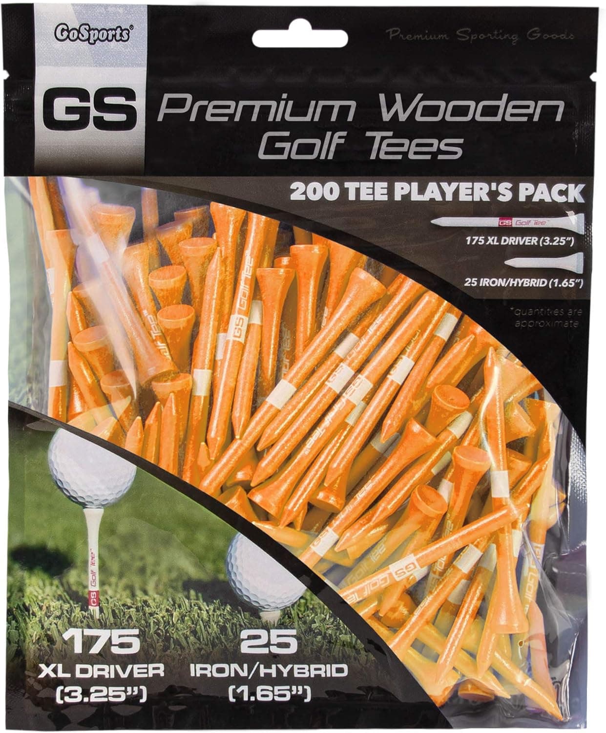 GoSports 3.25 Inch XL GS Tour Tee Premium Wooden Golf Tees - 200 XL Tee Player's Pack Driver and Iron/Hybrid Tees, Choose Your Tee Color