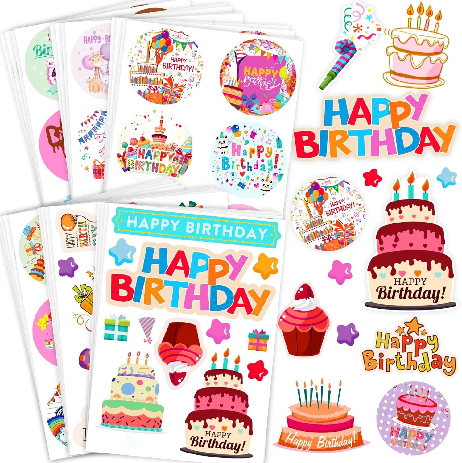 Large Birthday Stickers 24 Sheets Darling Stickers for Happy Birthday Assortment Multi-Shapes and Sizes, Colorful Sturdy BD. Stickers