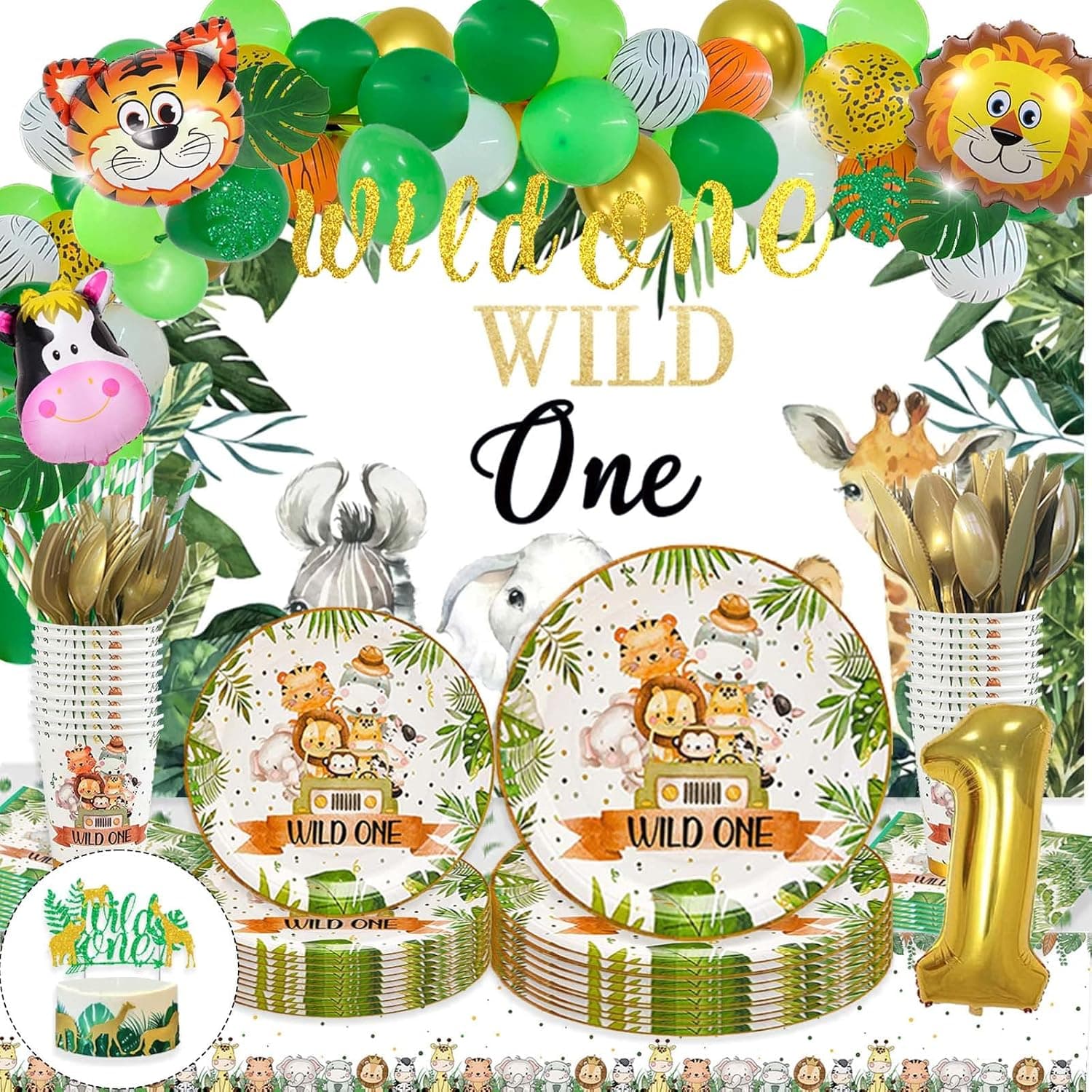 216 PCs Wild One Birthday Decorations for Boys, Fiesec Jungle Safari Theme First Party Supplies Backdrop Balloons Glitter Banner Tablecloth Cake Topper Plates Napkins Knife Fork Spoon Cups Straws