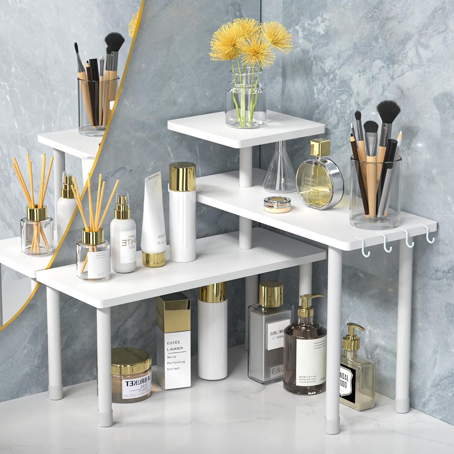 JayRex Bathroom Organizer Countertop Bathroom Shelf, 3 Tier Corner Shelf Adjustable Bamboo Organizer for Bathroom Counter, Make Up, Dresser Table, Desktop Shelf (White)
