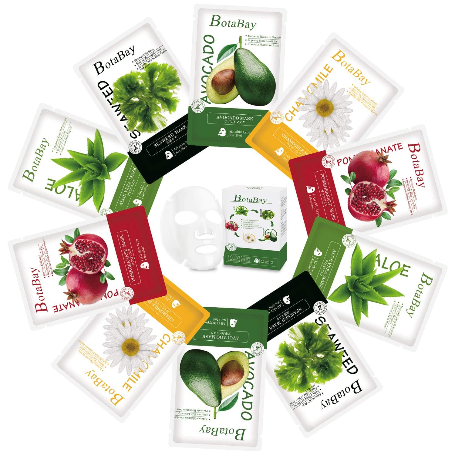 BotaBay Face Mask Sheet for Sensitive Skin, Hydrating Facial Sheet Mask Natural Plant Essence Mask Sheet Pack(10Pcs)