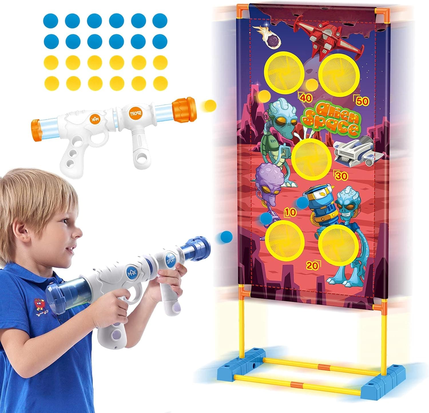 JELOSO Moving Shooting Targets Christmas Toys for 5 6 7 8 9 10+ Years Old Boys Girls Kids, 2pk Foam Air Toy Guns & 24 Foam Balls, Alien Theme Outdoor Indoor Games Gifts, Compatible with Nerf Guns