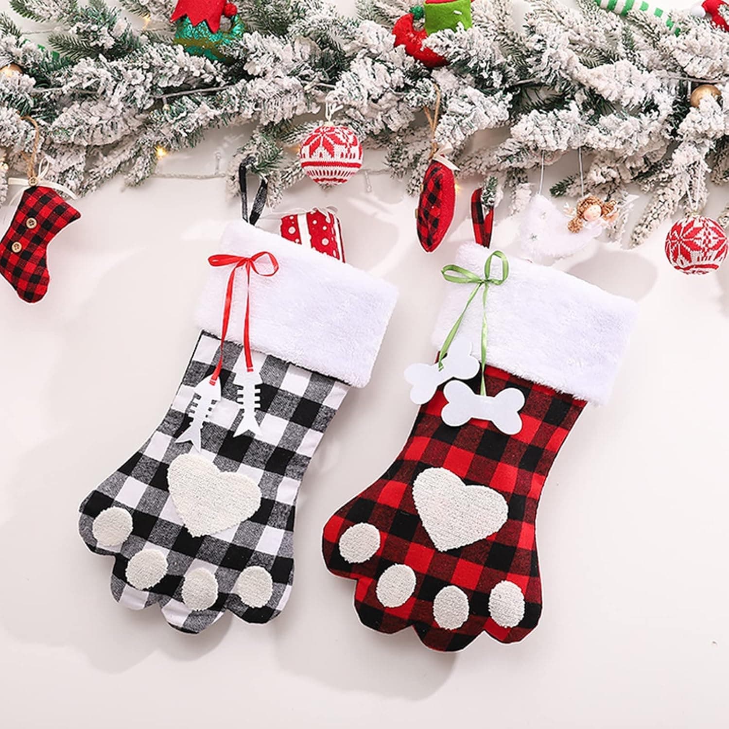 CHAOMIC Pet Dog Christmas Stockings 2Pcs 17.7" Red Knit Christmas Stockings Large paw Shape Pet Stockings for Cats Christmas Holiday Decoration (2 Pack-B)…