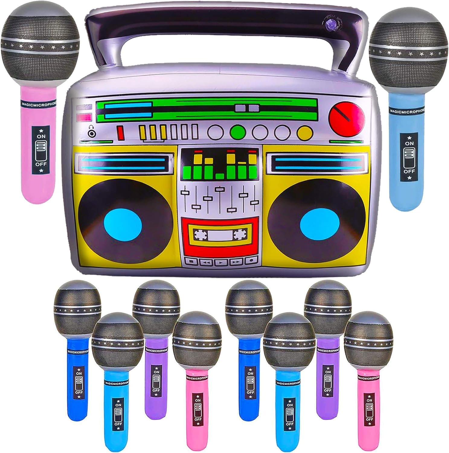Inflatable Boom Box With 12 Inflatable Microphones - 80s Theme Birthday Party Decorations & Supplies, Party Favors For Kids & Adults - Retro 90s Party Supplies by 4E's Novelty
