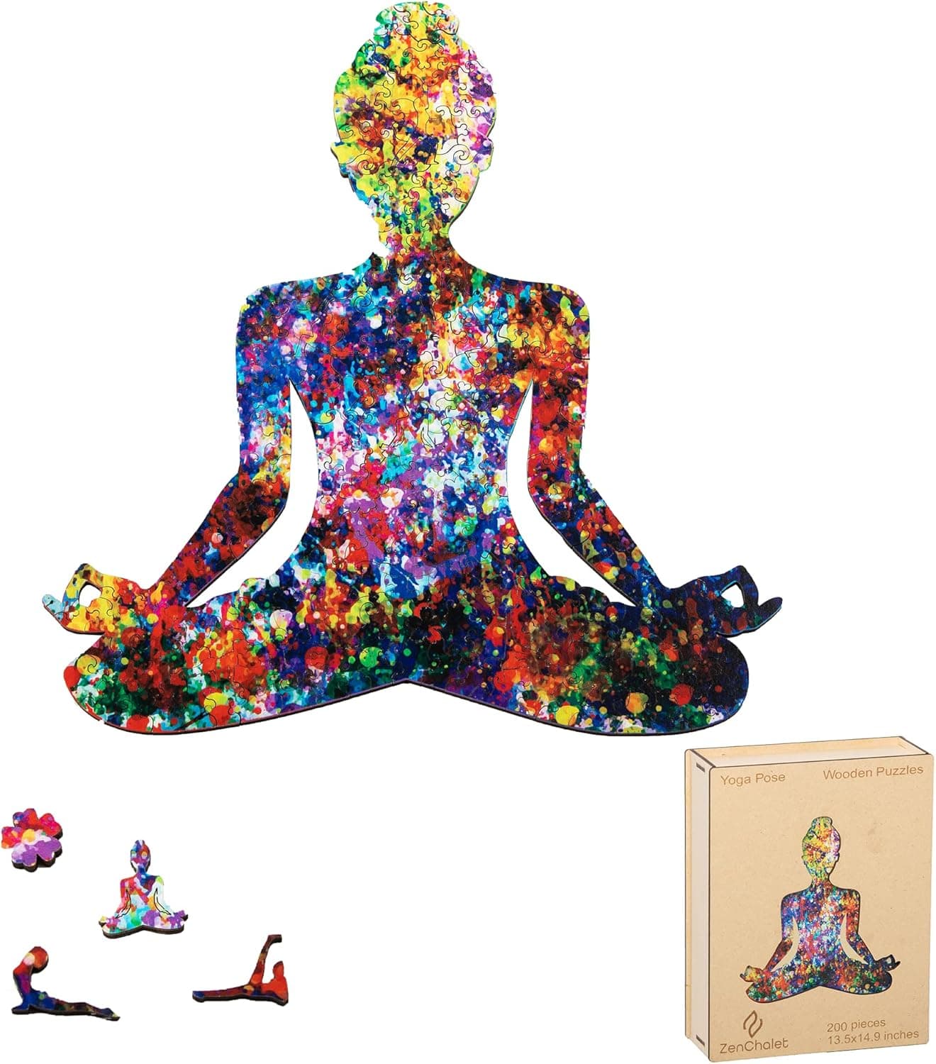 ZenChalet 200 Pcs Splatter Yoga Pose Shaped Wooden Jigsaw Puzzle for Adults - 13.5 x 14.9 Inches Wood Cut Puzzle Box with 13 Uniquely-Shaped Pieces – Challenging Unique Shaped Jigsaw Puzzle