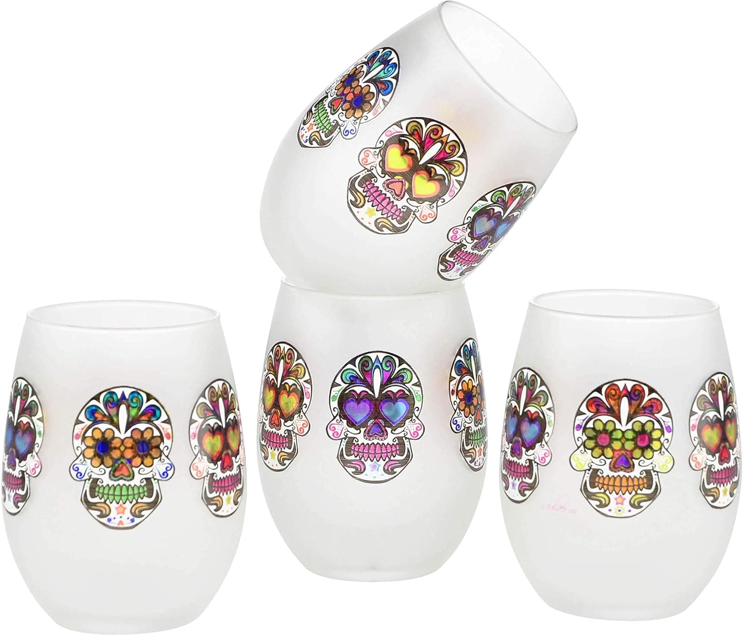 Culver Stemless Wine Glasses, 15-Ounce, Set of 4 Sugar Skulls (Frosted)