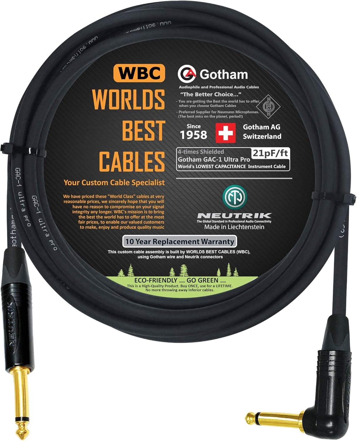 12 Foot - Gotham GAC-1 Ultra Pro - Premium Low-Cap (21 pf/F) Guitar Bass Instrument Cable – w/Neutrik Gold Straight to Angled ¼ inch (6.35mm) TS Connectors - Custom Made by WORLDS BEST CABLES