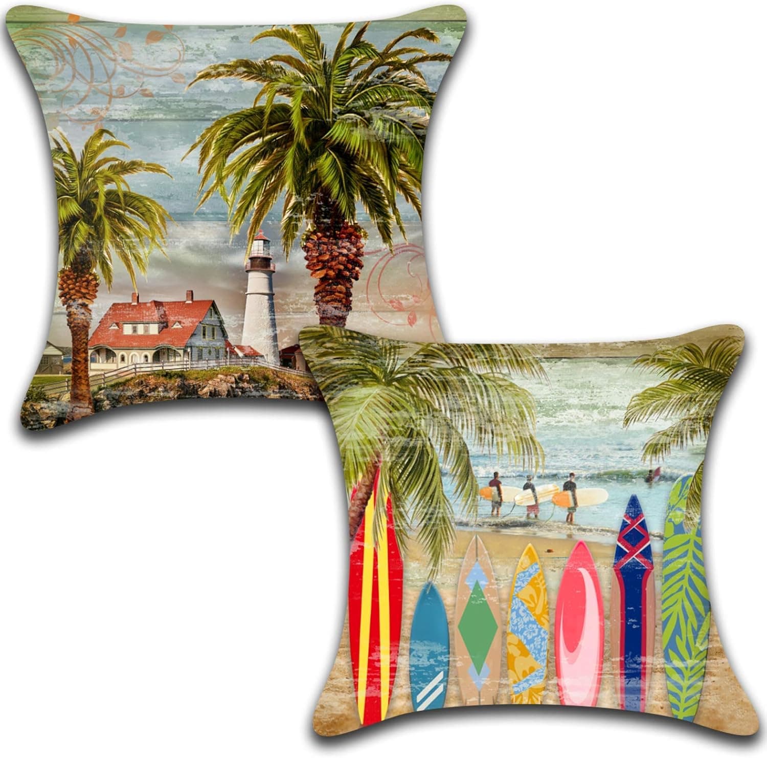 L1 Tropical Cotton Linen Farmhouse Throw Pillow Cover 18"x18" Set of 2 Coastal Nautical Tropical Summer Indoor Outdoor Decorative Pillow Cover Palm Tree Surfboards Accent Pillow for Sofa Patio
