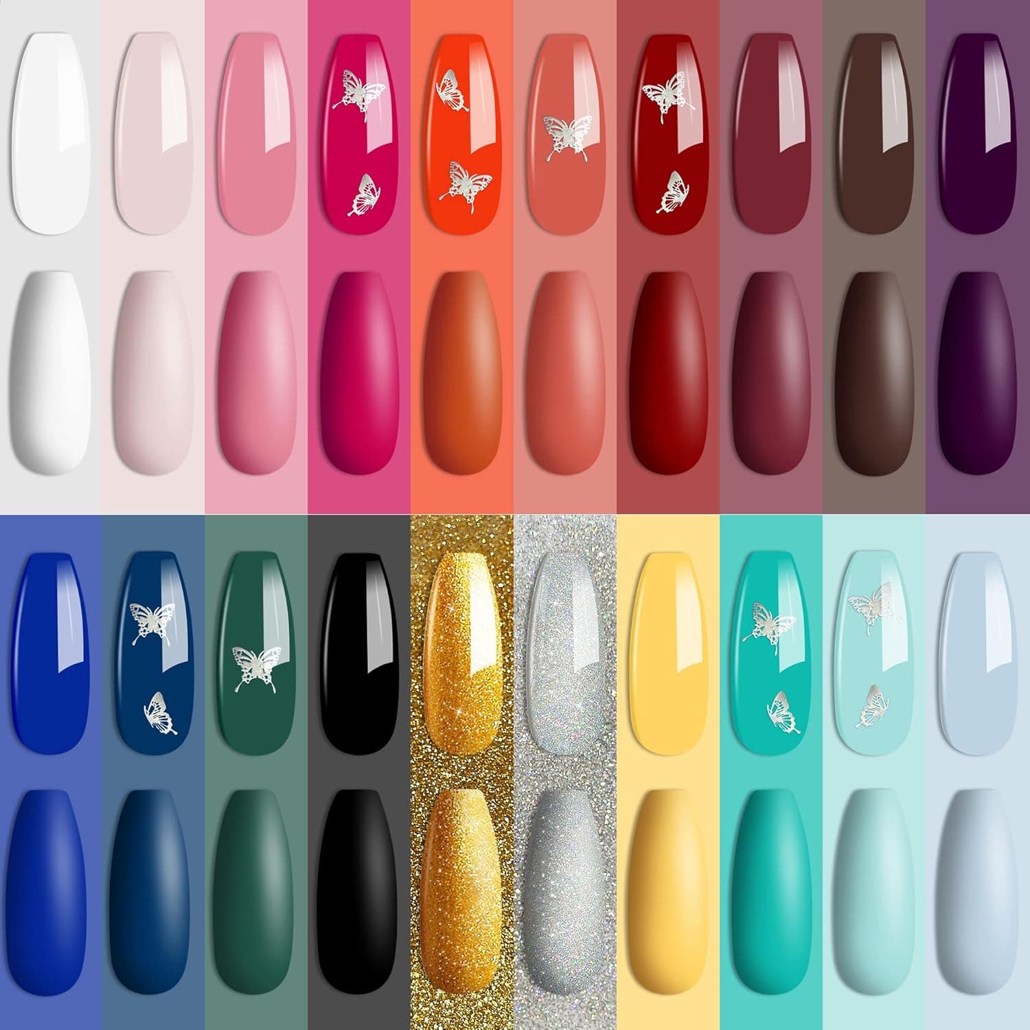 YTD Likomey Gel Nail Polish Set,20 Colors with 4 Pcs Base and Top Coat Kit,Classic Color and Butterfly Stickers Starter Manicure Kit,Green Blue Brown Gold Silver Red Soak Off UV Gel,Size:6ml 0.2fl.oz