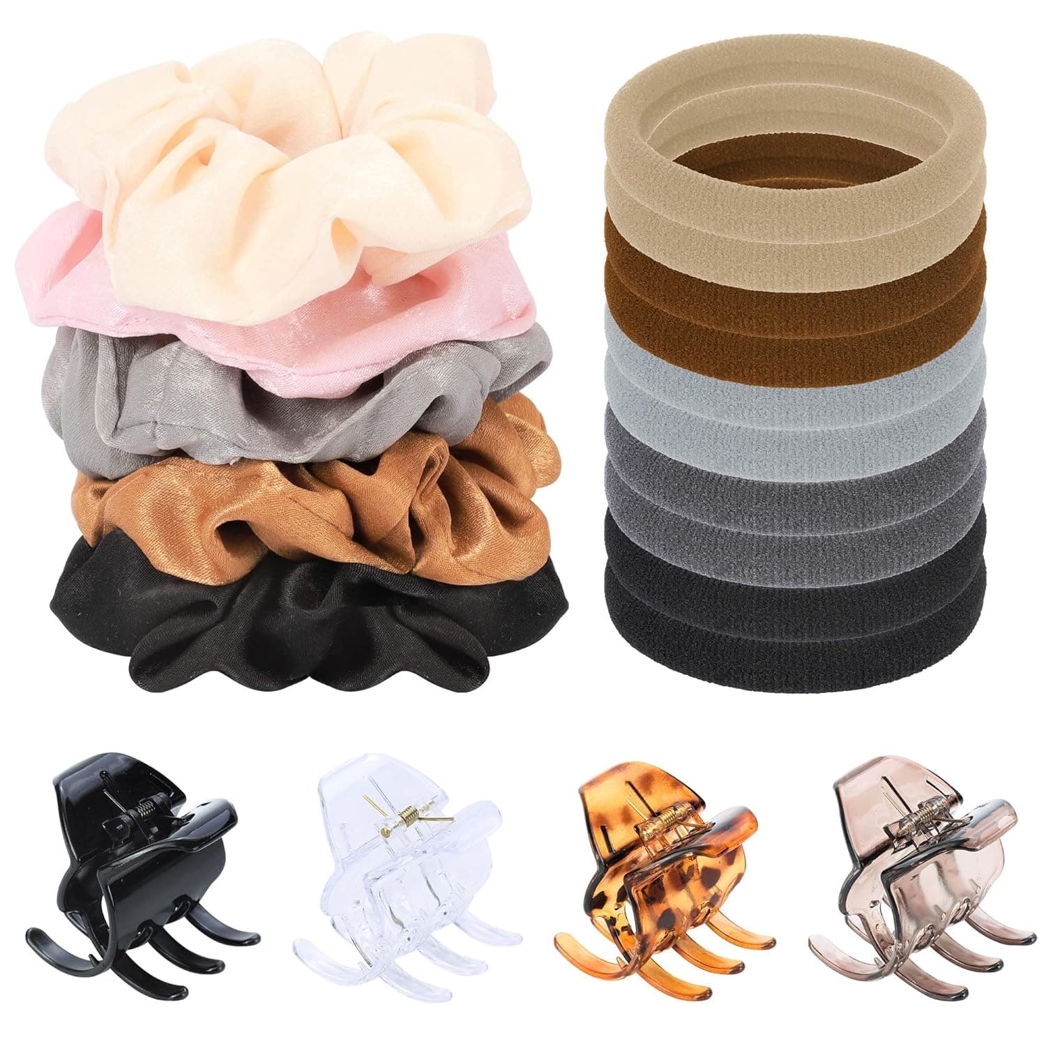 79style 5pcs Hair Scrunchies for Women Satin Silk Scrunchy Hair Bands 4Pcs Hair Claws Clips Medium 1.96 Inch 10 Pcs Elastic Hair Ties Neutral Colors Cotton Seamless Ponytail Holders For Thick Long Curly Hair( Total19 Pack Black/Brown)