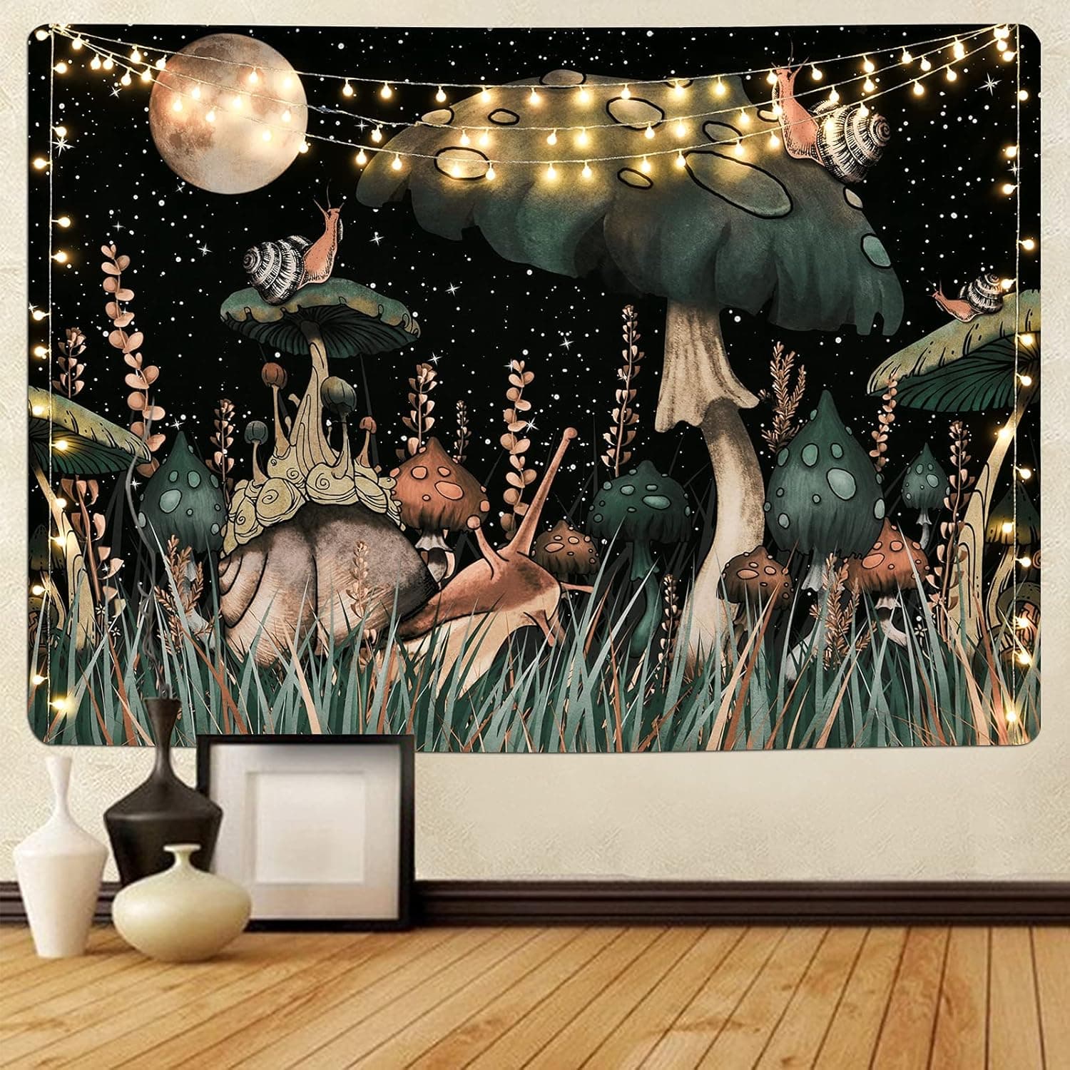 Boniboni Trippy Mushroom Tapestry Moon and Stars Tapestry Snail Tapestry Fantasy Plants and Leaves Tapestry Wall Hanging for Room(36.02 x 48.03 inches)