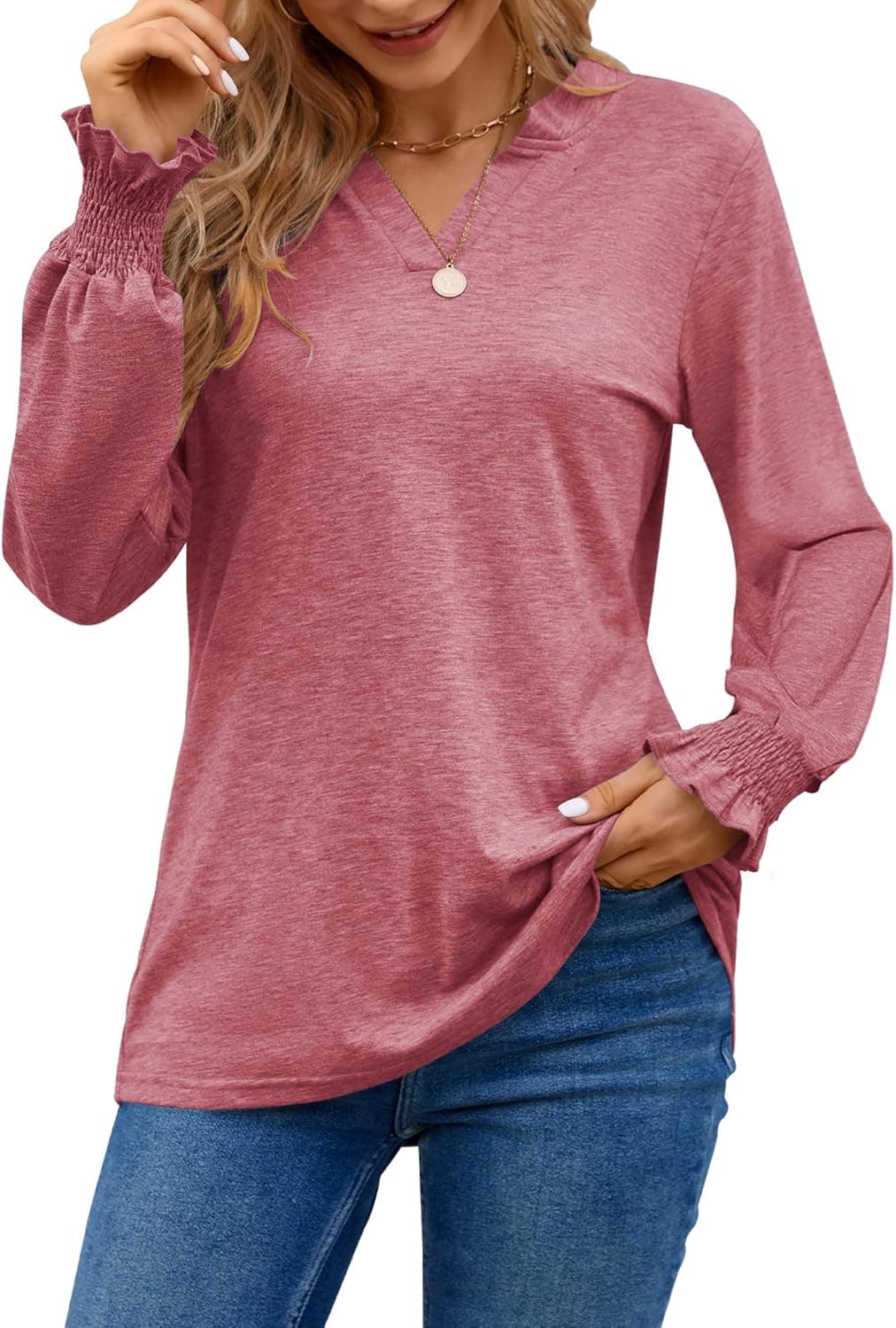 MOLERANI Women's Casual Puff Long Sleeve Tops V Neck T-Shirts Loose Comfy Tunic Smocked Cuffs Blouse