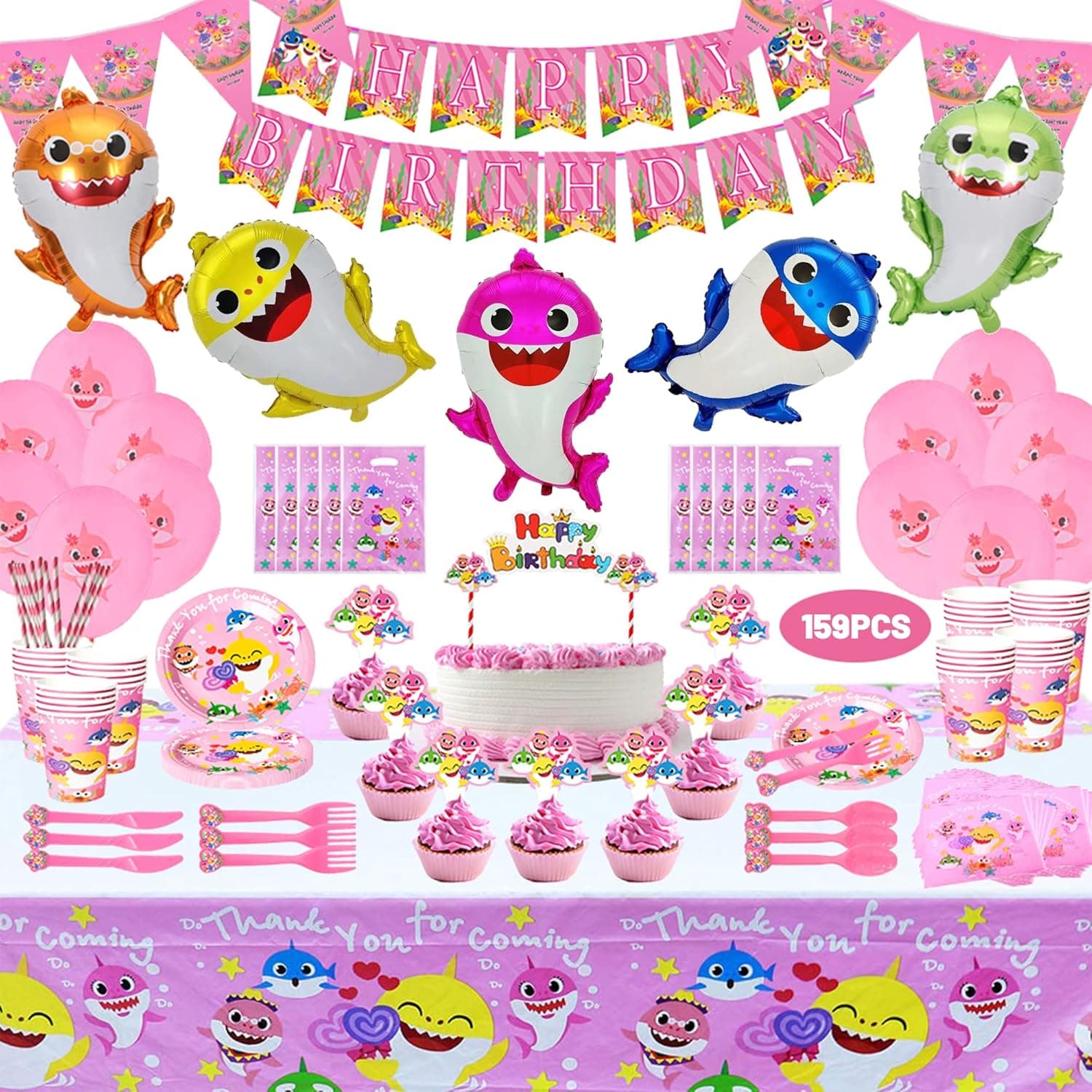Baby Party Supplies For Girls-Decorations-Happy Birthday Banner,Cake Topper,Pennant, Tablecloth Party Balloons and Tableware for 10 Customers