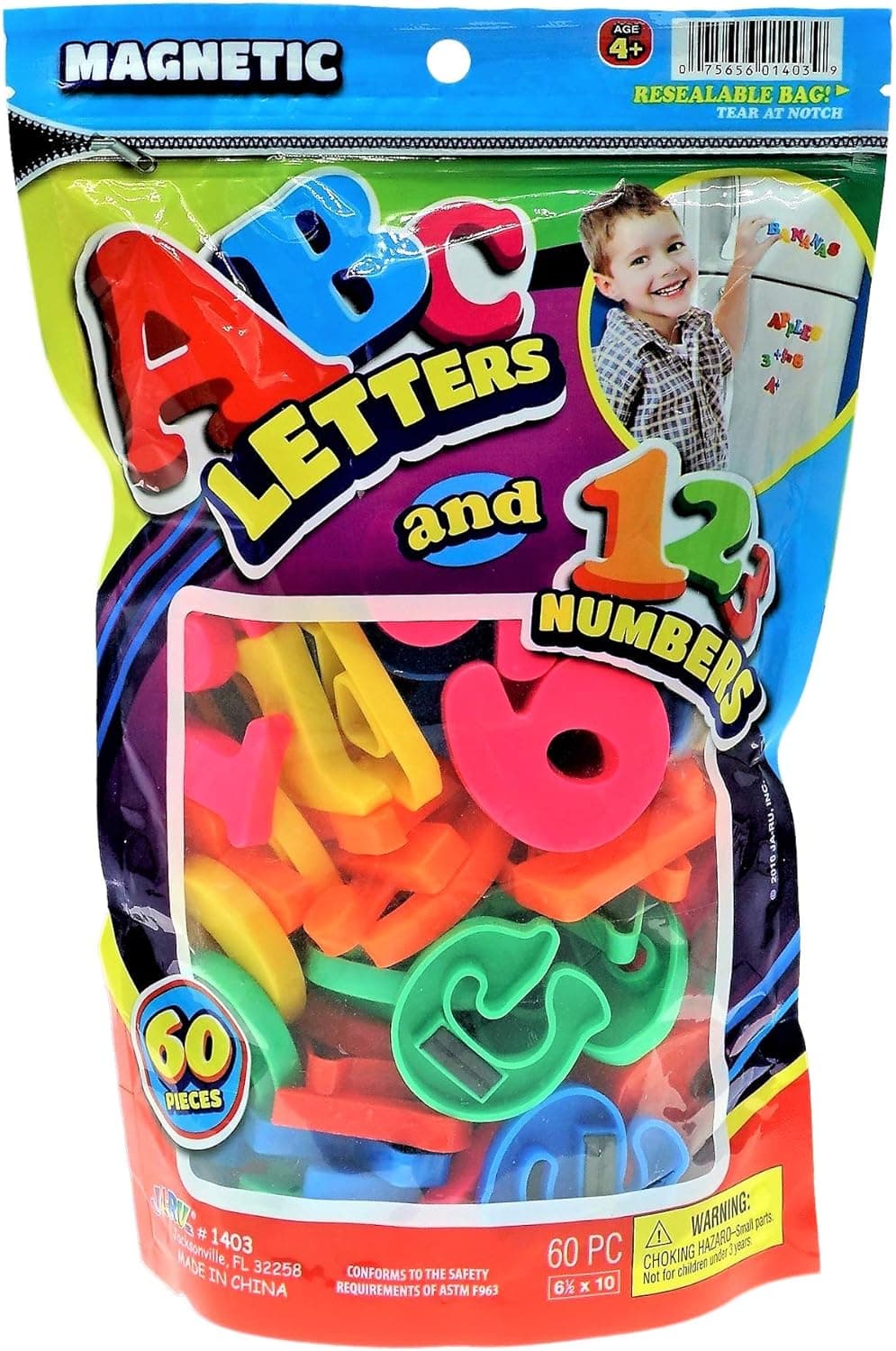 ABC Magnetic Letters and Numbers Bag with 60 Pcs Assorted (1 Bag) by JA-Ru Learning Alphabet Magnets for Refrigerator Fun & Spelling Games Toys. Great Party Favor Toy. 1403-1A