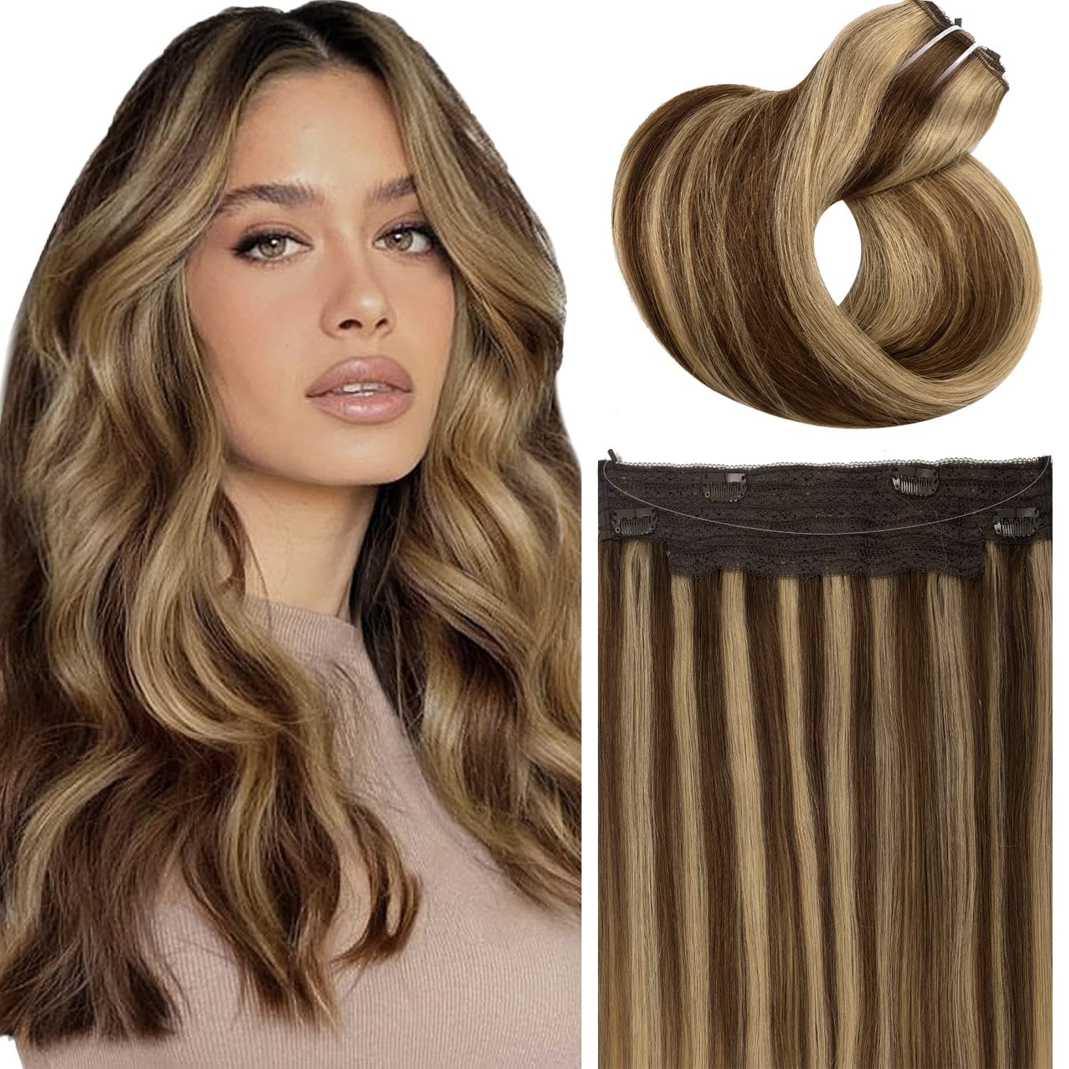 18 Inch Hair Extensions Real Human Hair Loxxy Invisible Wire Hair Extensions Silky Chocolate Brown to Golden Brown 95g Transparent Clip Fish Line Hair Removable