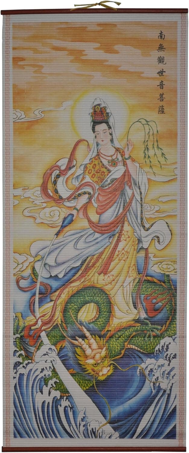 RATTAN WALL SCROLL QUAN YIN ON DRAGON