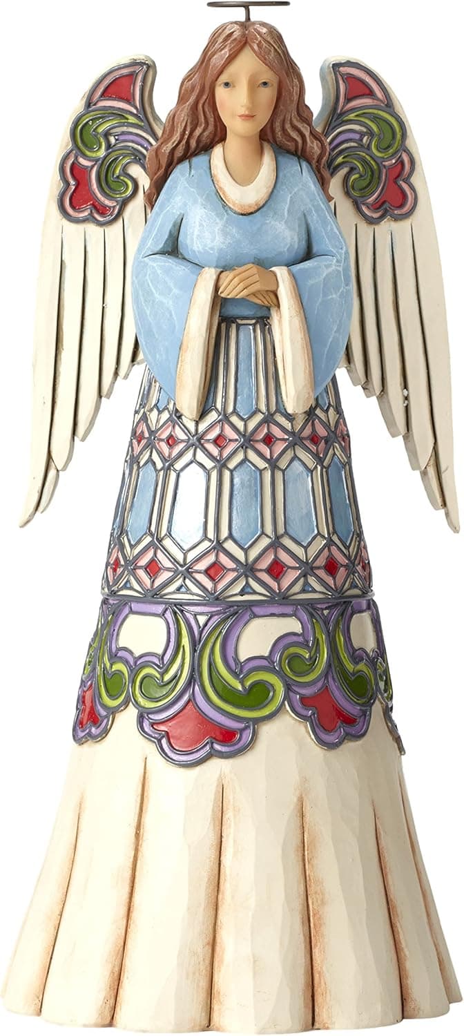 Jim Shore Heartwood Creek Blue Angel with Stained Glass Design Stone Resin Figurine, 9.25”