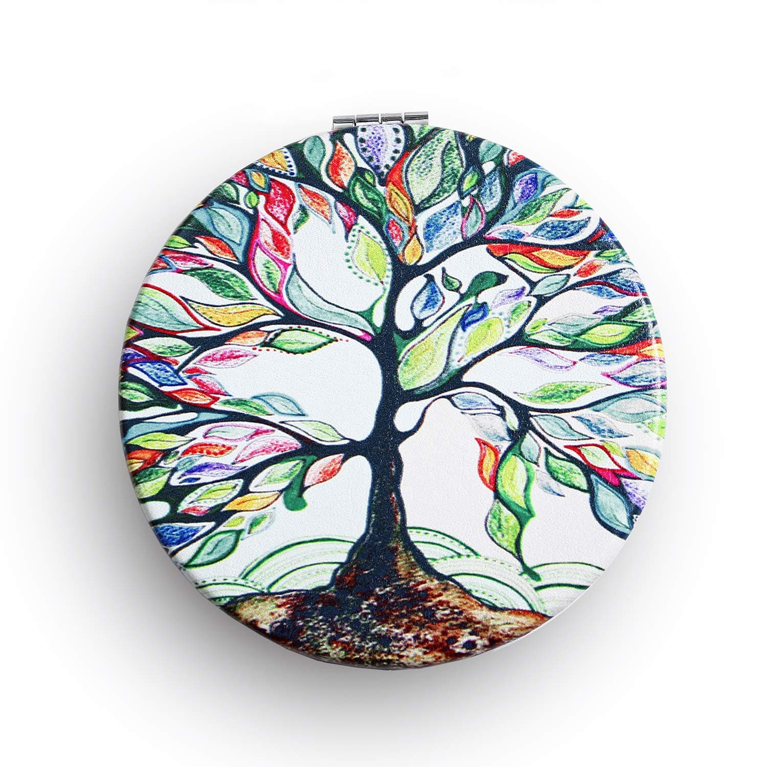 Dynippy Compact Mirror Round Pu Leather Makeup Mirror for Purses Small Pocket Mirror Portable Hand Mirror Double-Sided with 2 x 1x Magnification for Woman Mother Kids Great Gift (Lucky Tree)