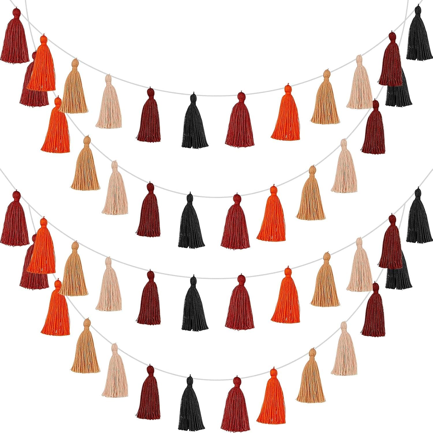 4 Pieces Tassel Garland Colorful Boho Tassel Garland Decorative Felt Banners Wall Hanging for Festival Pre Assembled (Black, Dark Brown, Pink, Brown, Orange, Rust Red, 3.1 Inch)