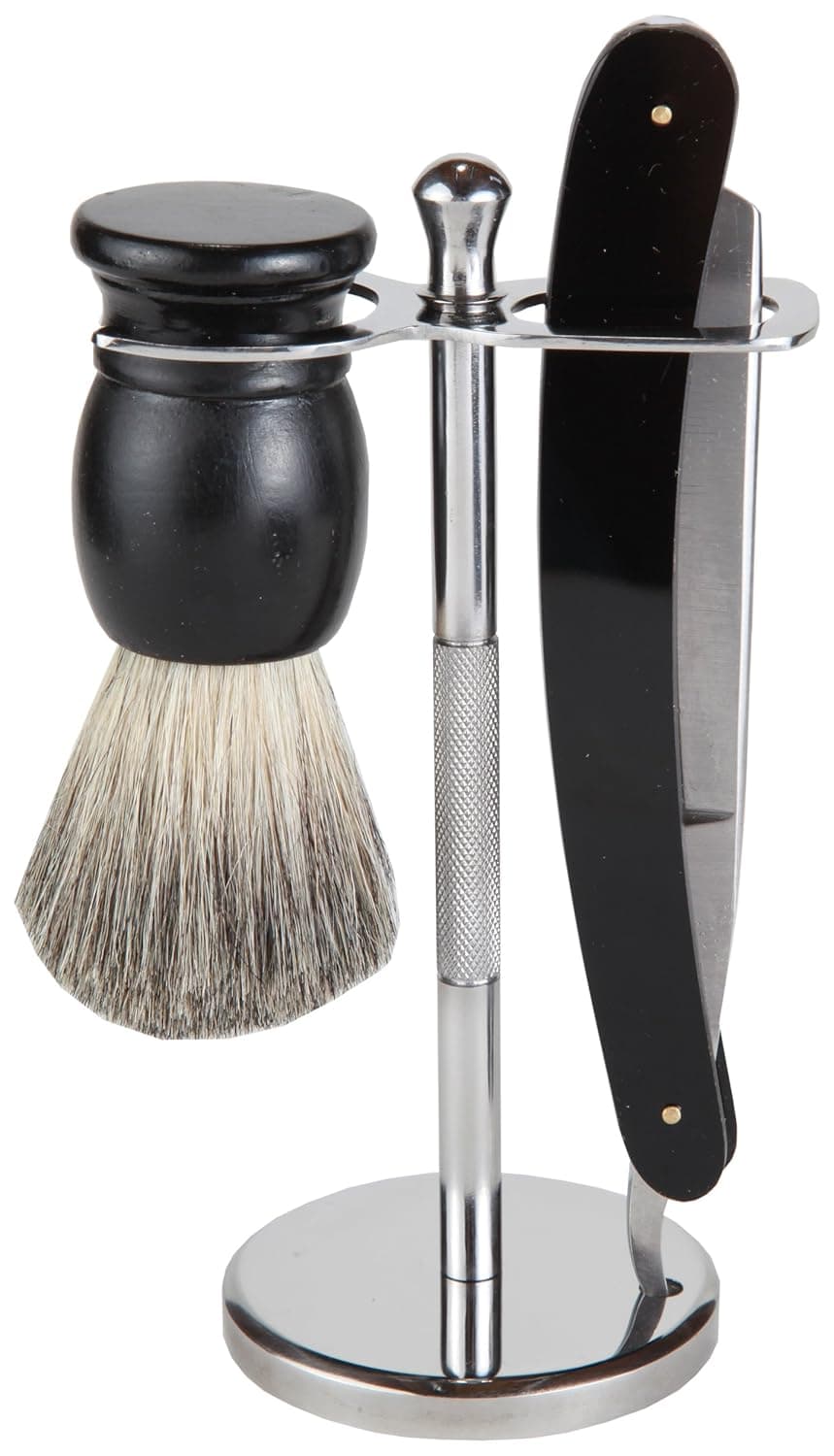 Shaving Gift Set With Straight Razor, 100% Badger Hair Shaving Brush, And All Metal Stand