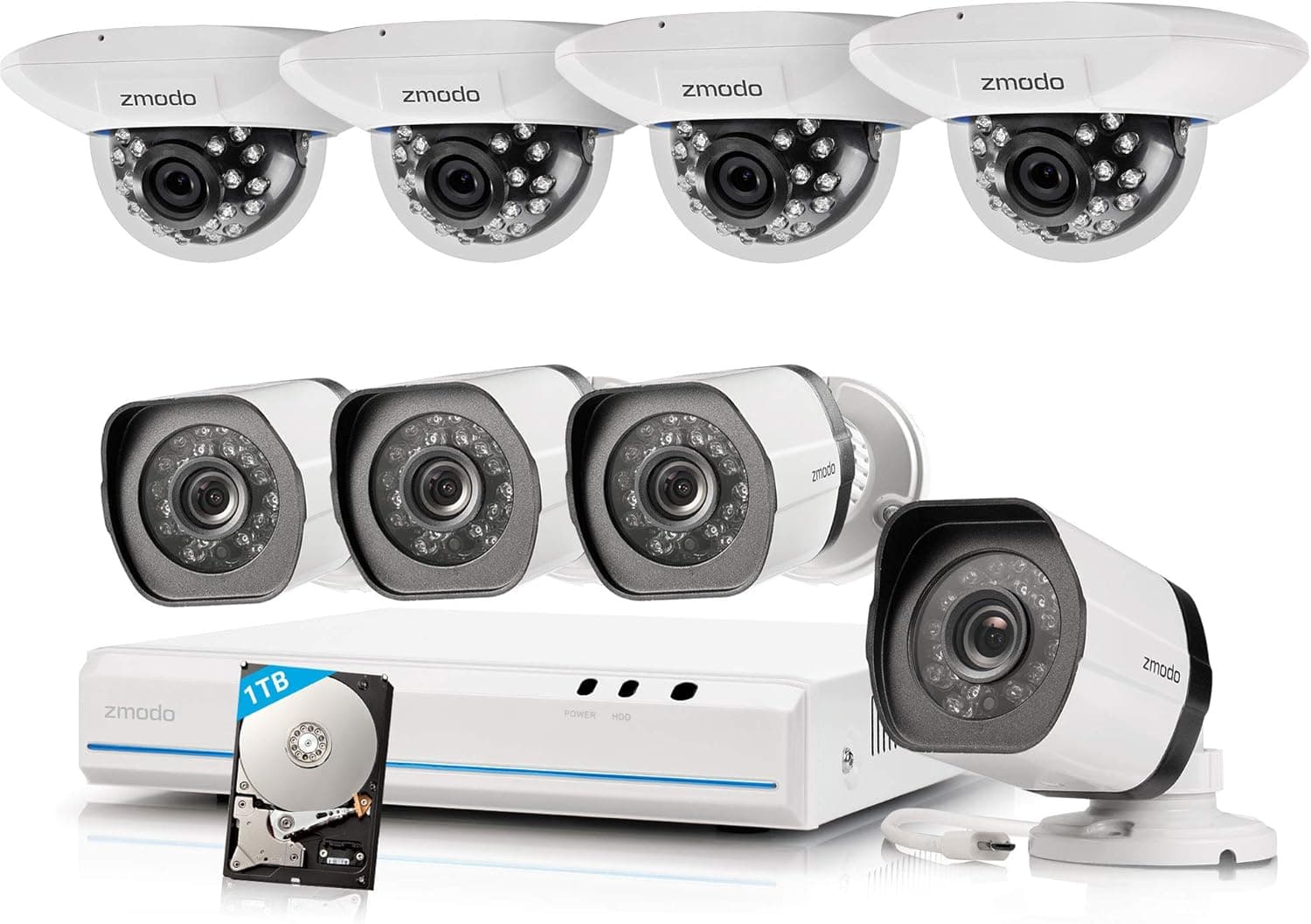 Zmodo 8 Channel 720P HD HDMI PoE Security NVR Kit - 4 Bullet Outdoor + 4 Dome Indoor Megapixel IP Surveillance Camera System with 1TB Hard Drive (Record up to 150 Days)