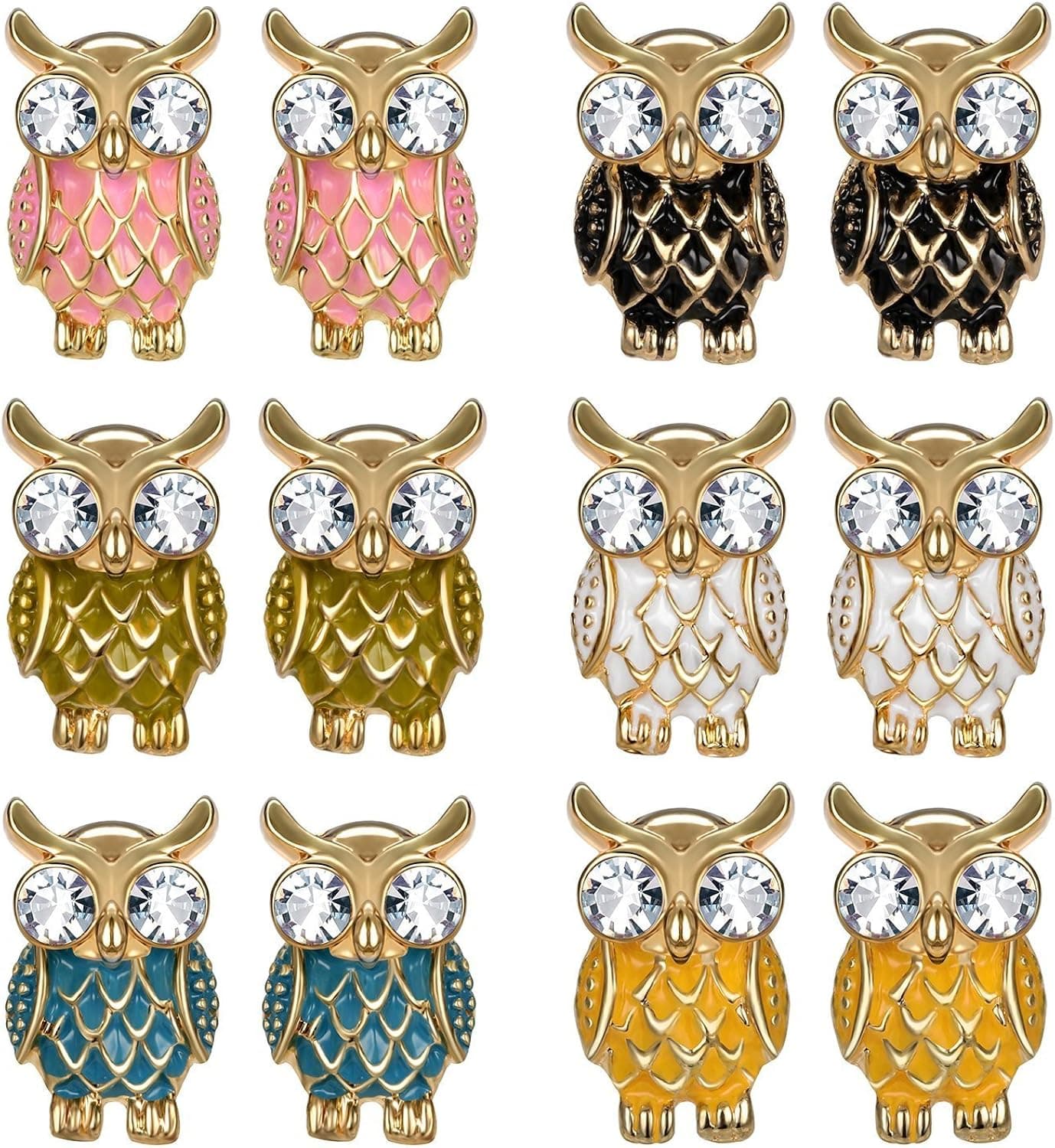 JewelrieShop 6 Pairs Assorted Colors Owl NightHawk Earrings Cute Enamel Paint Stud Earrings