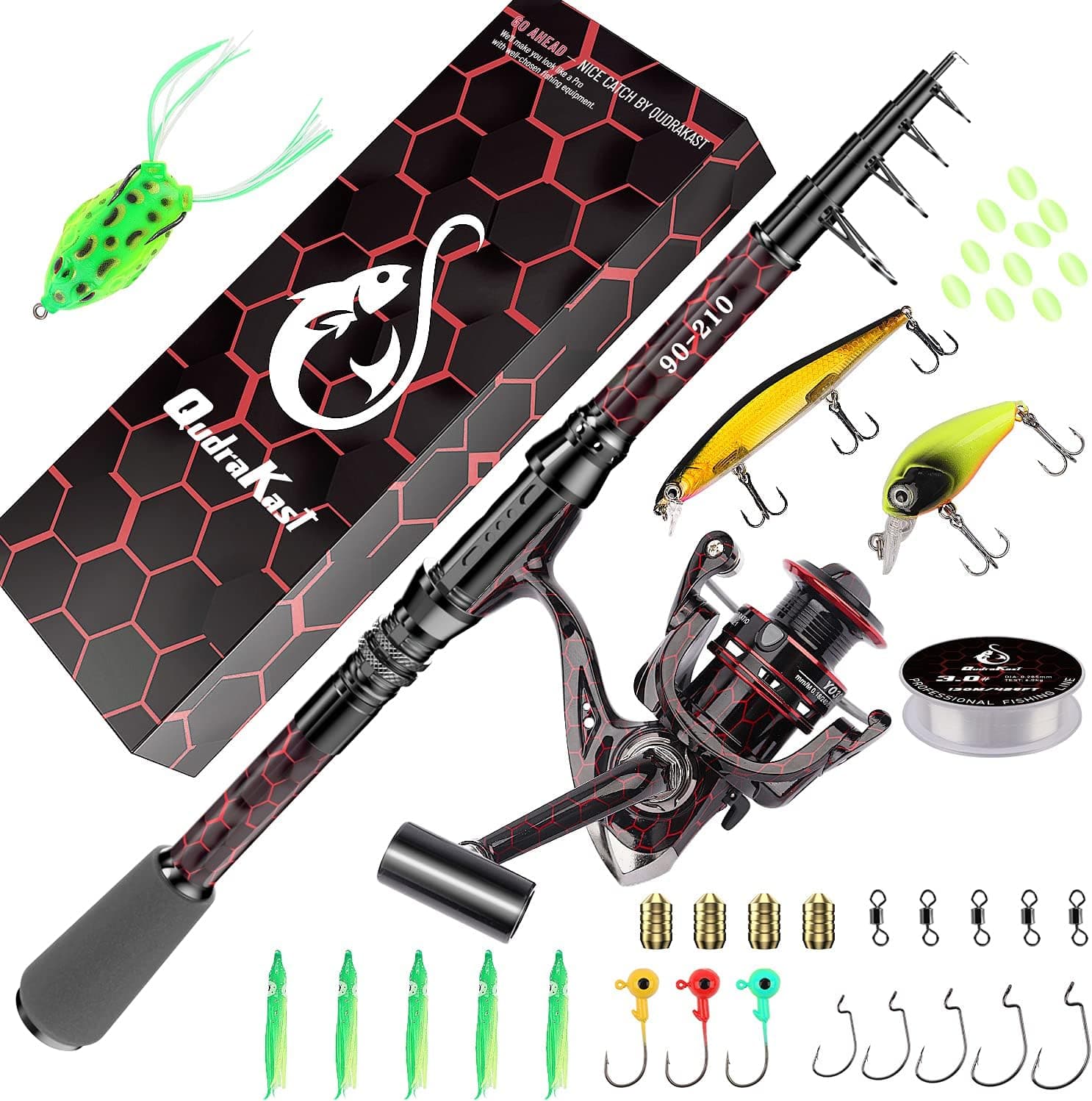 Fishing Rod and Reel Combos, Unique Design with X-Warping Painting, Carbon Fiber Telescopic Fishing Rod with Reel Combo Kit with Tackle Box, Best Gift for Fishing Beginner and Angler (210 Rod)