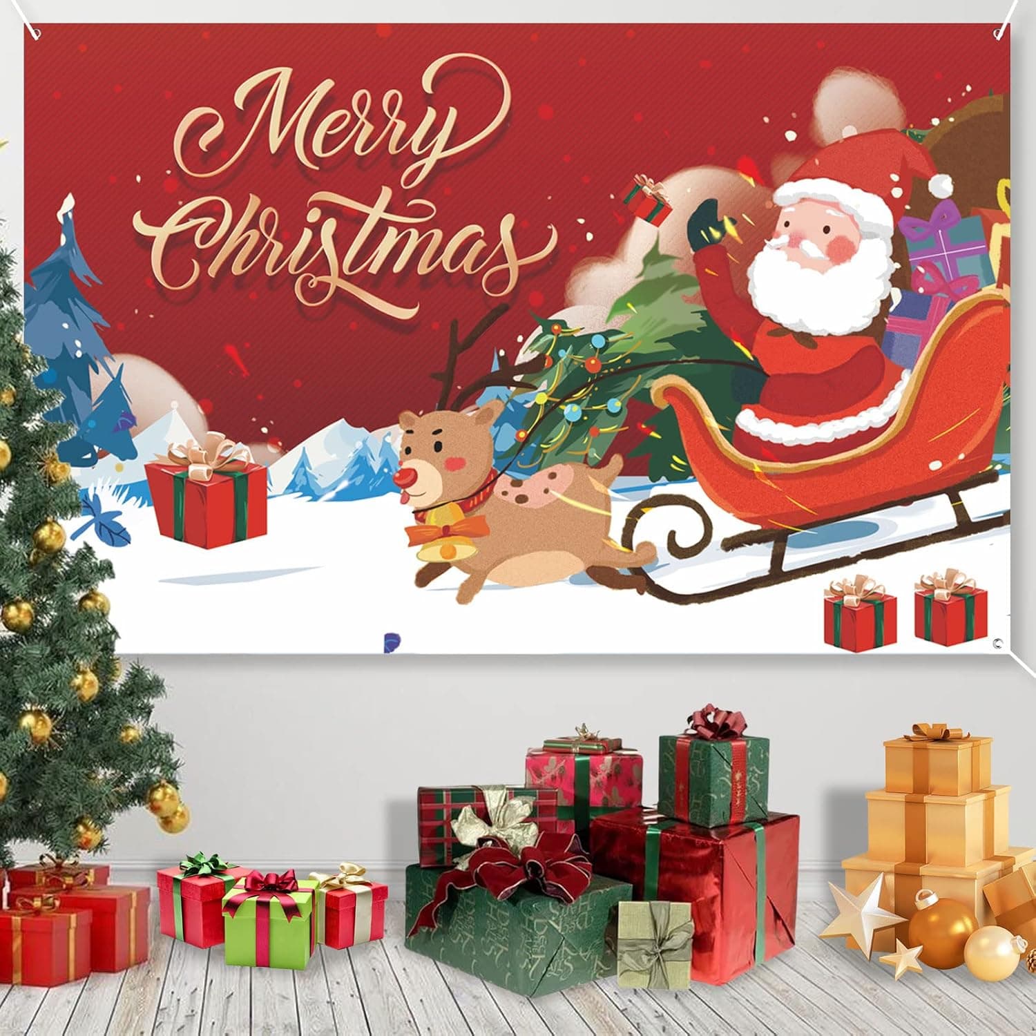 Merry Christmas Banner, Extra Large Fabric Christmas Backdrop Xmas Theme Party Decorations Christmas Sign Poster Background for Xmas Photo Booth Backdrop Background Banner, 72.8x 43.3 Inch/185 x110 cm