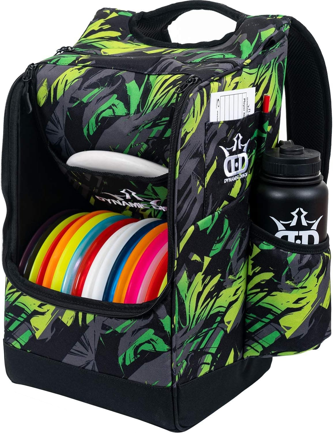 Dynamic Discs Sniper Disc Golf Backpack | 16 Disc Storage in Main Compartment | Deep Top Zippered Pocket to Hold Additional Disc Golf Accessories | Two Water Bottle Holders (Tropic)