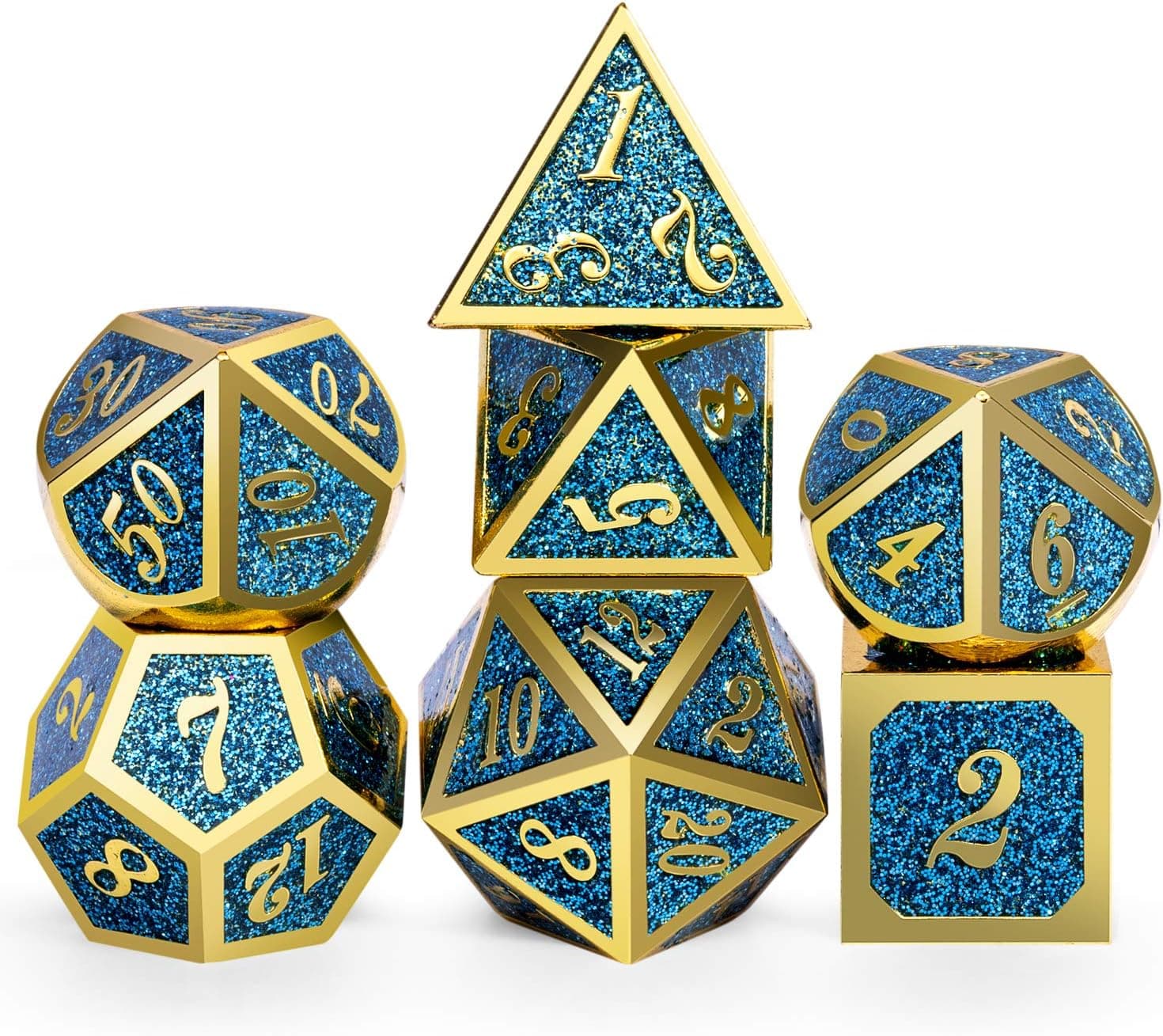 Glitter Blue DND Metal Dice Set,DNDND Heavy Polyhedral Metallic Dice with Free Metal Case for Dungeons and Dragons RPGs