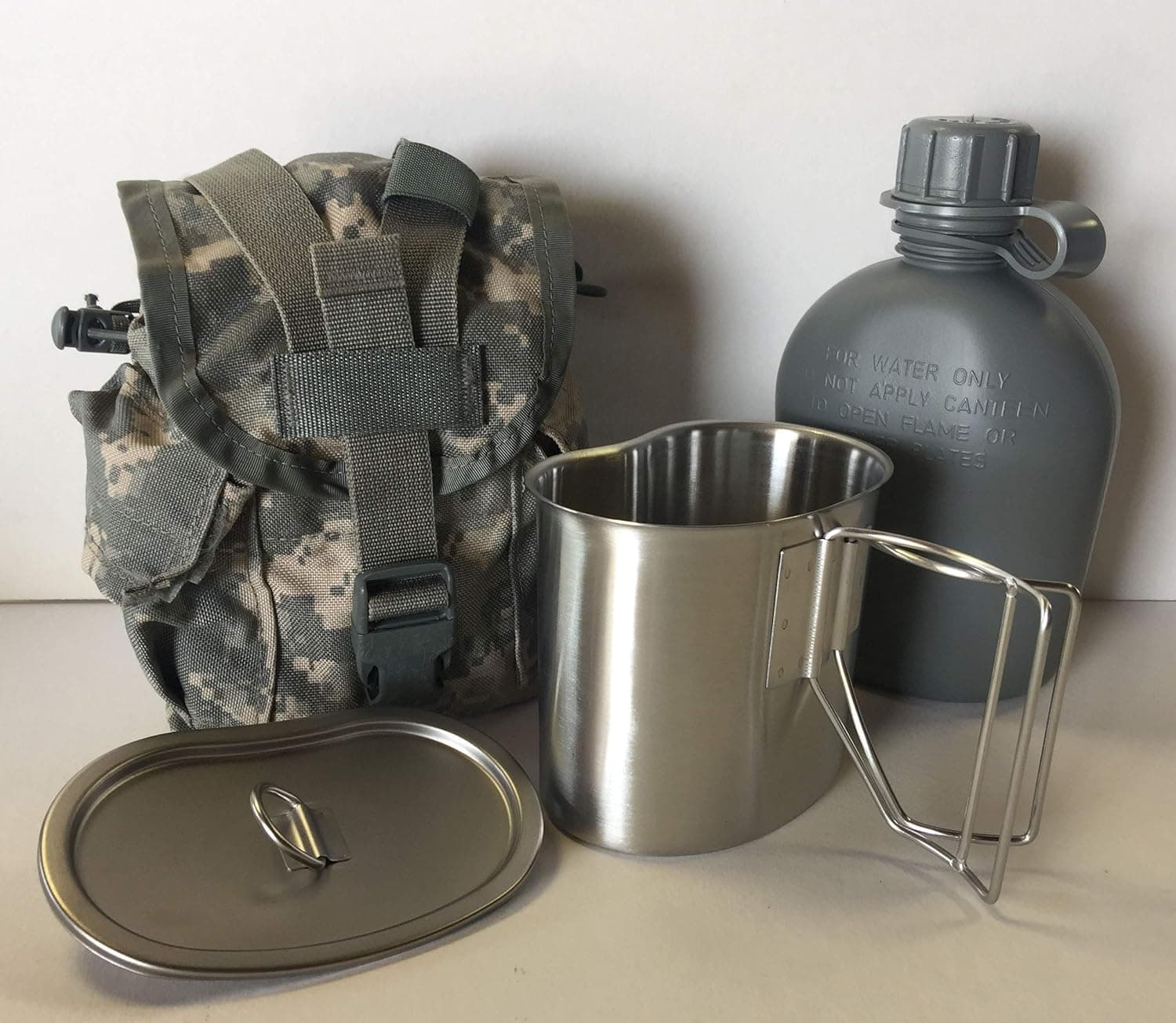 G.A.K 90026 G.I. Type, U.S Made 1 QT Canteen with Stainless Steel Cup and LID & Military Issue ACU MOLLE II Pouch Kit.