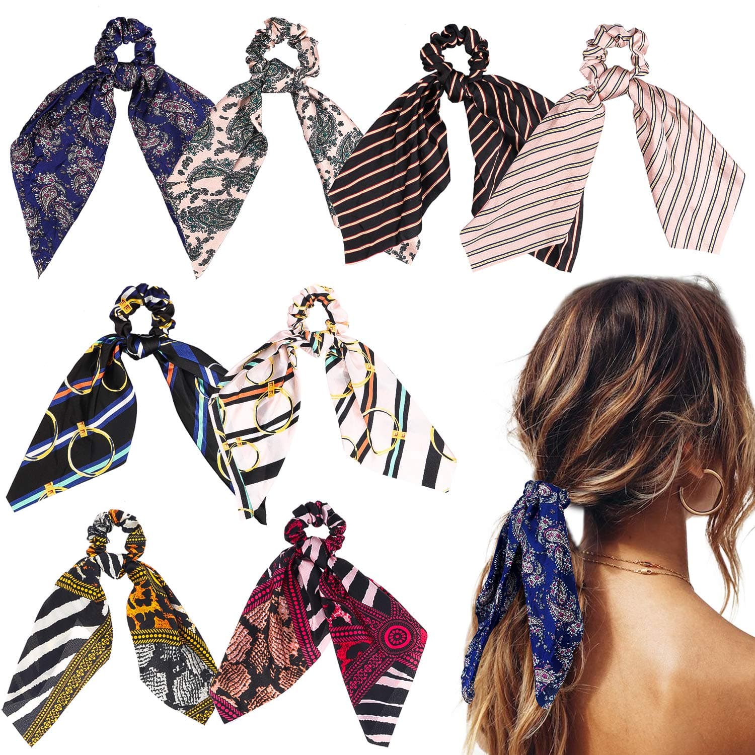 WATINC 8Pcs Silk Satin Hair Scrunchies, Scarf Hair Ties with Flower Pattern, Stripe Printed Hair Bobbles for Ponytail Holder, 2 in 1 Vintage Bowknot Hair Accessories Ropes Scrunchie for Women